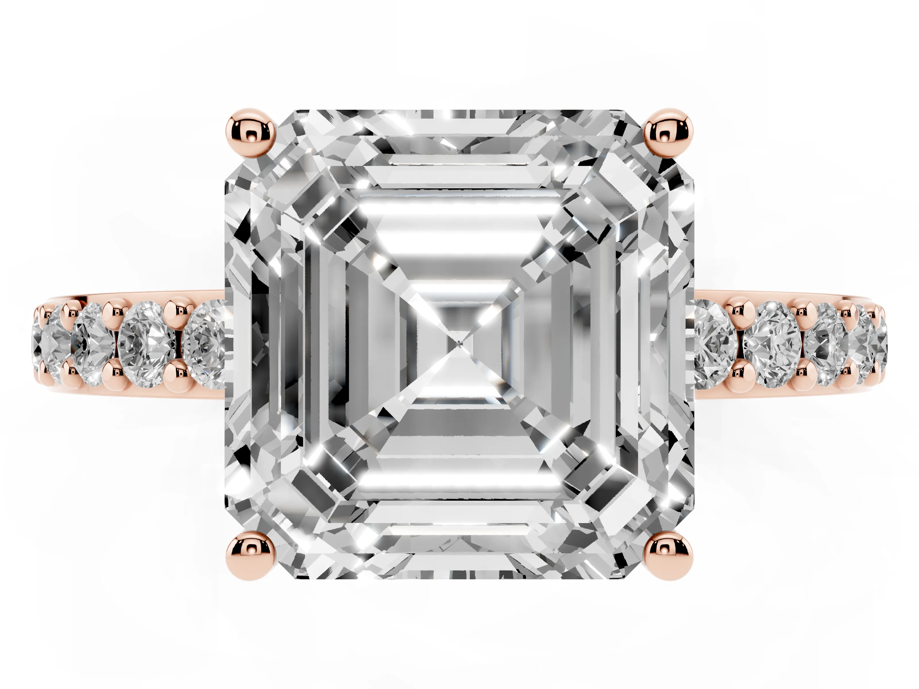 Asscher Cut Diamond Solitaire Set in Rose gold with Round Pavé Band and Prong Setting