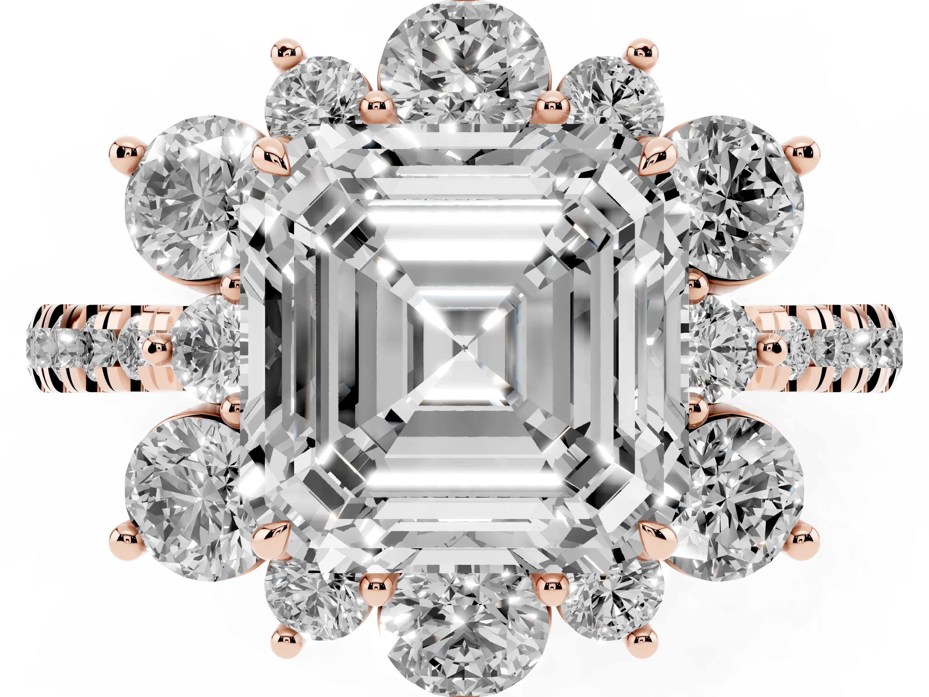 Asscher Cut Diamond Floral Halo Ring Set in Rose gold with Round Pavé Band and Prong Setting