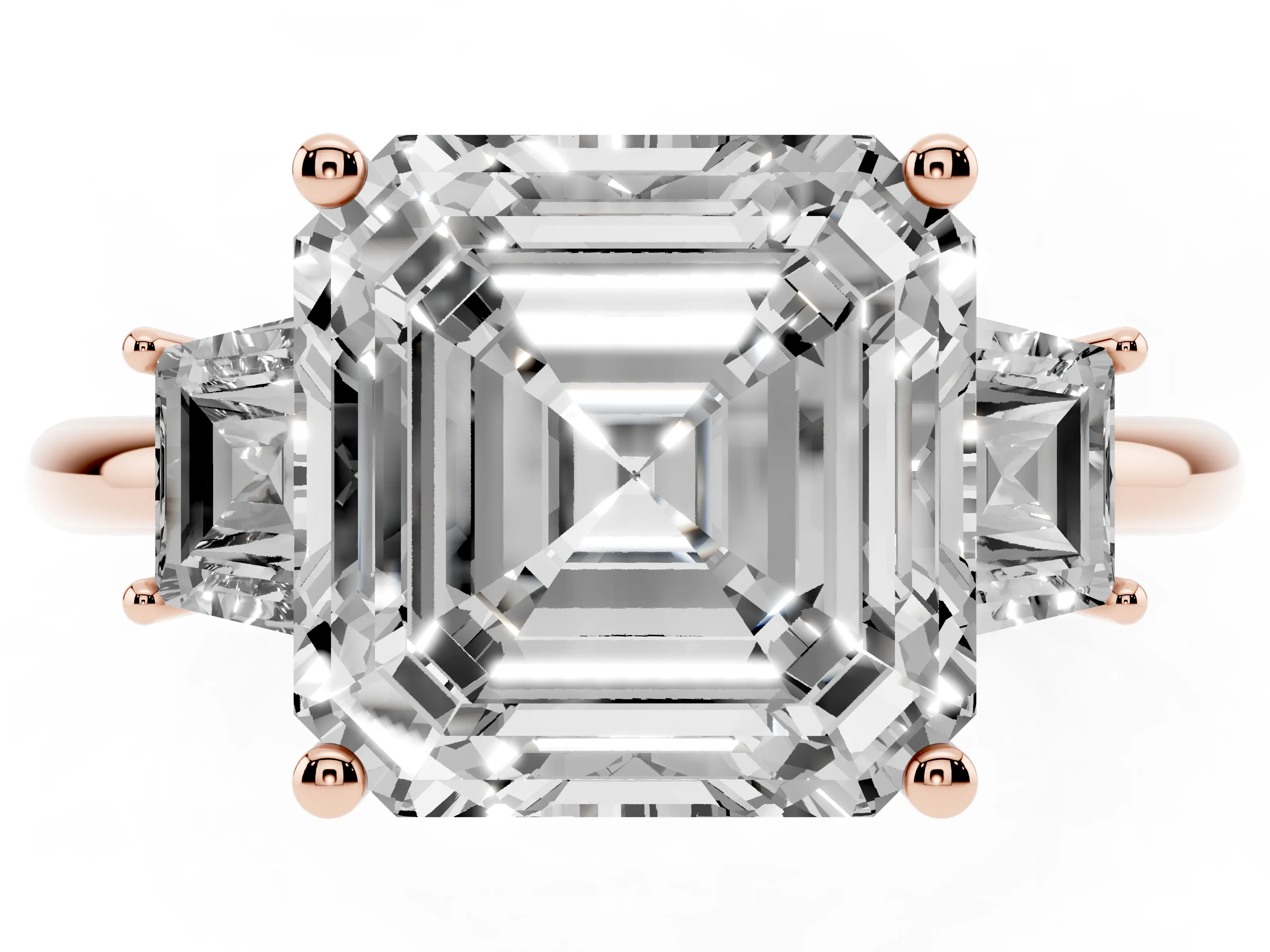 Asscher Cut Diamond Three-Stone Ring Set in Rose gold with Trapezoid Side Stones and Prong Setting