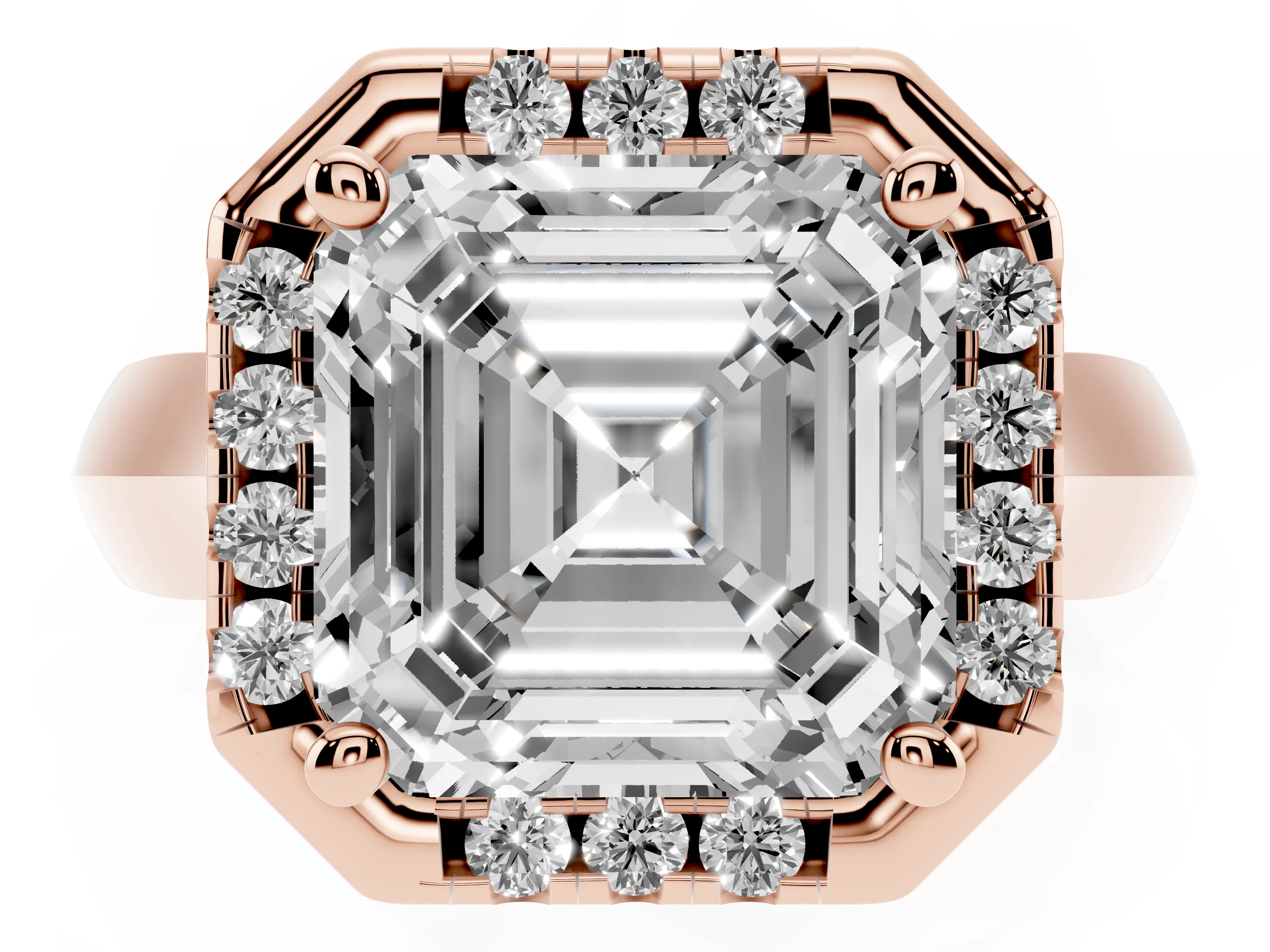 Asscher Cut Diamond Halo Solitaire Engagement Ring Set in Rose gold with Square Band and Prong Setting