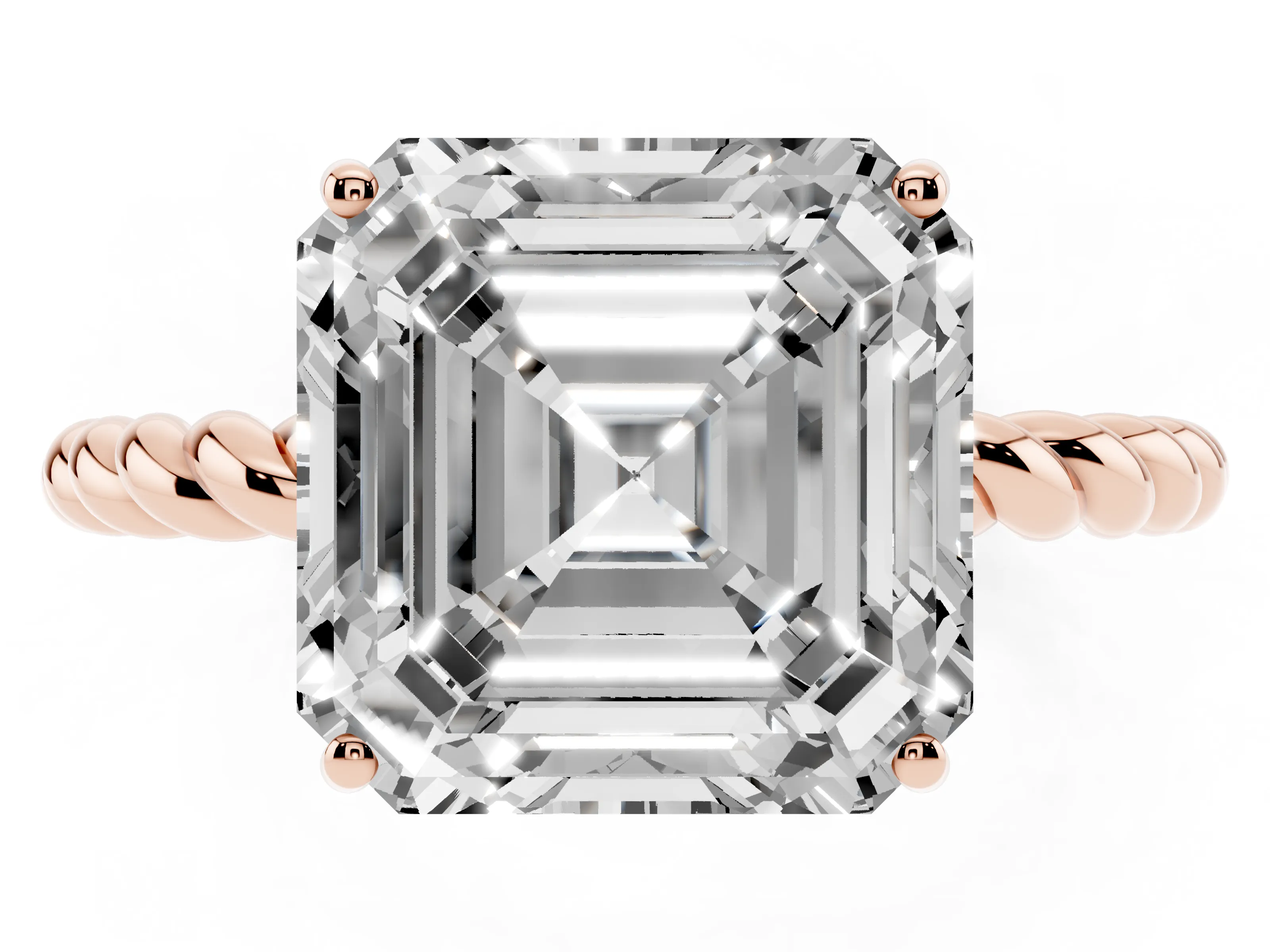 Asscher Cut Diamond Solitaire Ring Set in Rose gold with Twist Band and Prong Setting