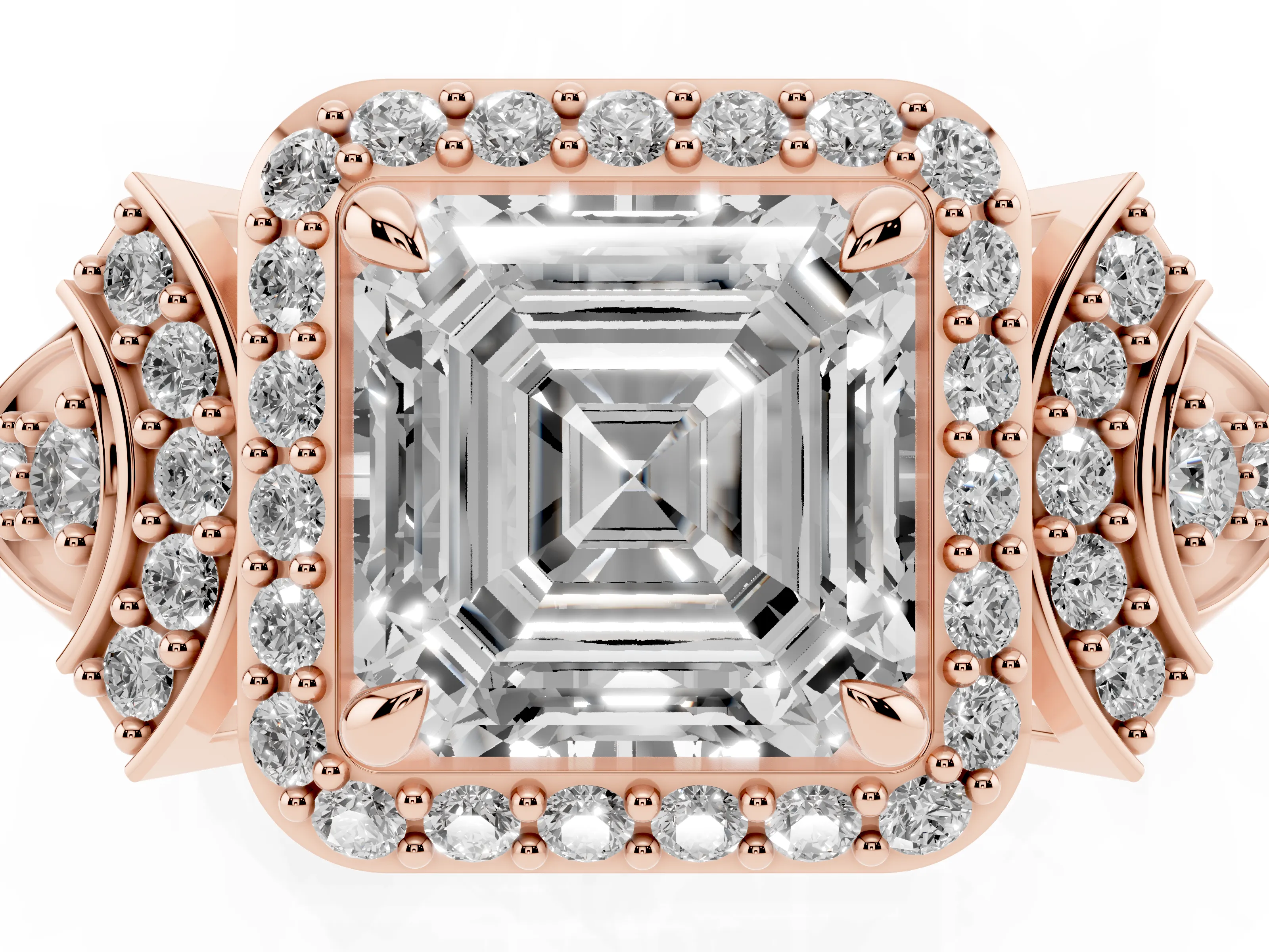 Asscher Cut Diamond Halo Engagement Ring Set in Rose gold with Accent Stone Split Shank