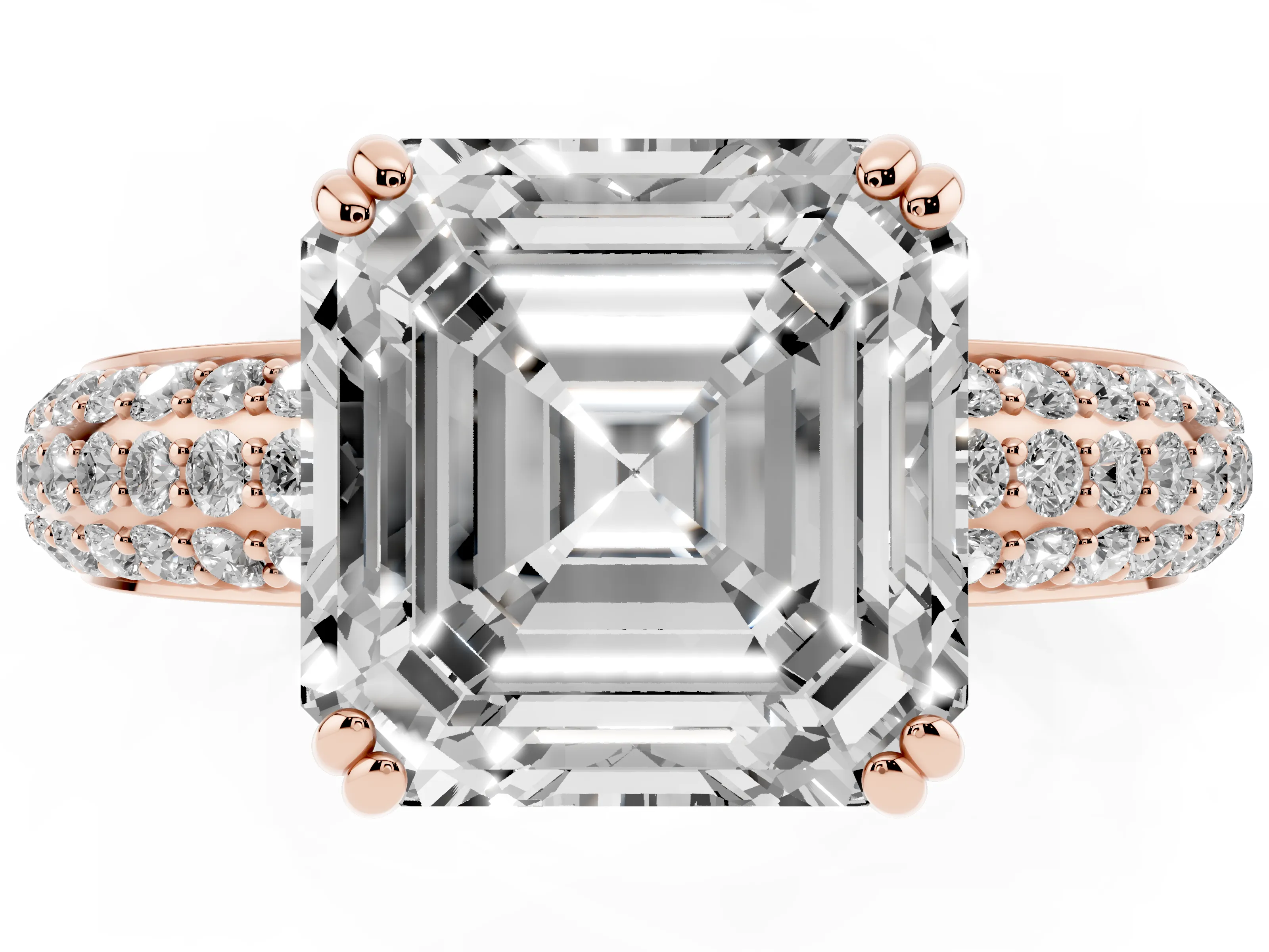 Asscher Cut Diamond Solitaire Ring Set in Rose gold with Multi-Row Round Pavé Band and Prong Setting