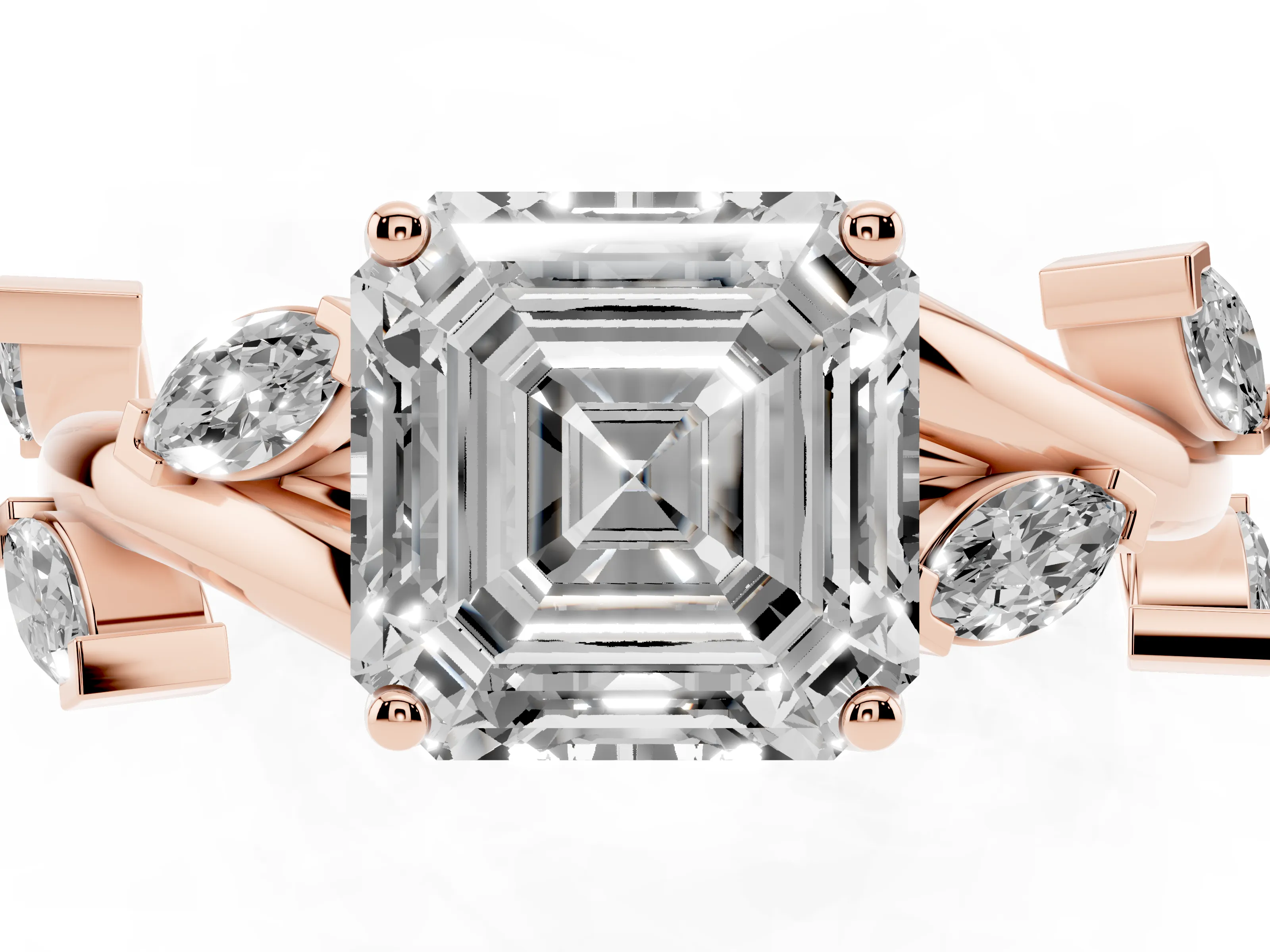 Asscher Cut Diamond Solitaire Ring Set in Rose gold with Twisted Marquise Accent Band