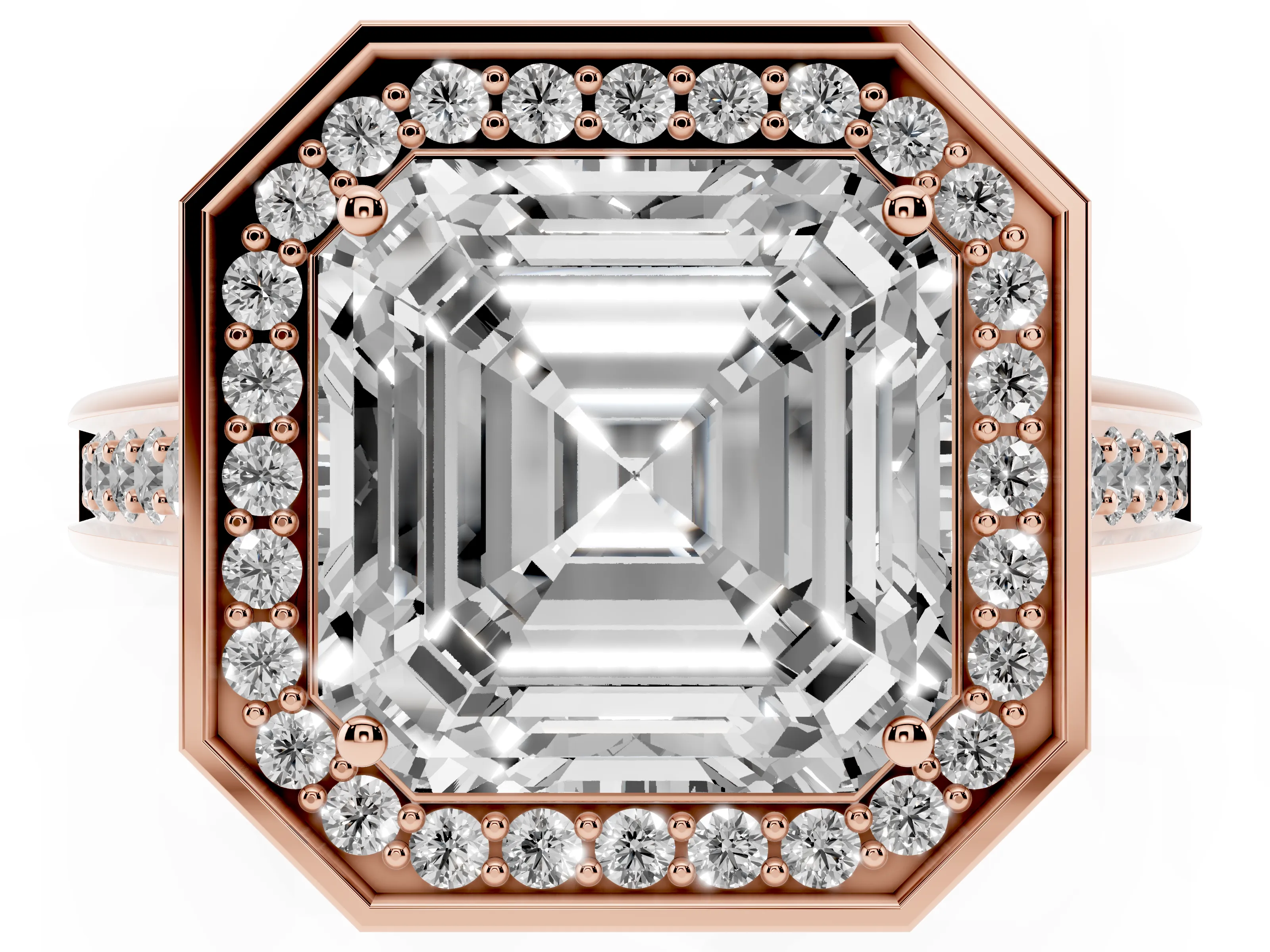 Asscher Cut Diamond Halo Solitaire Ring Set in Rose gold with Pavé Band and Bezel Setting