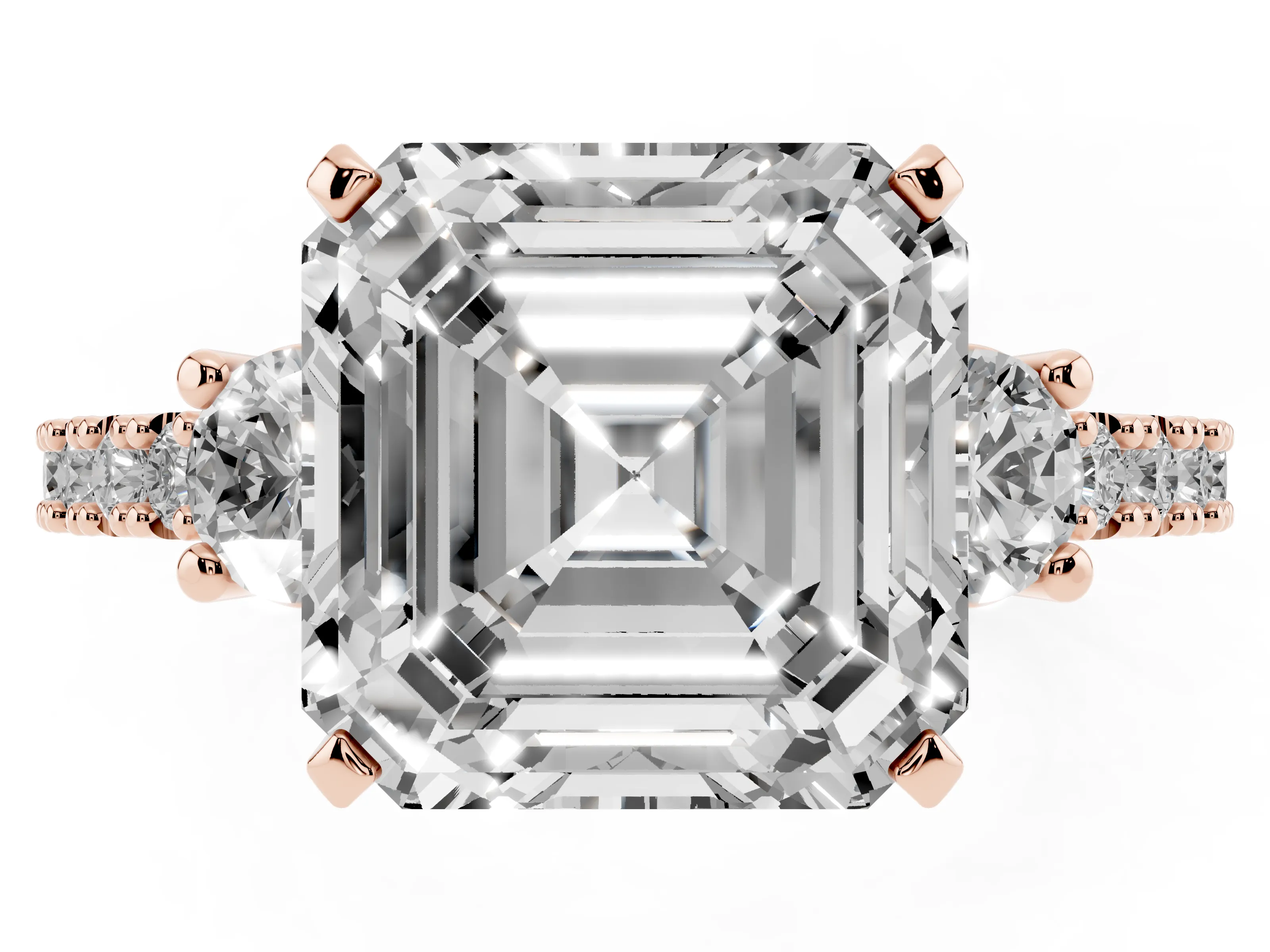 Three-Stone Asscher Cut Diamond Pavé Band Ring Set in Rose gold with Prong Setting