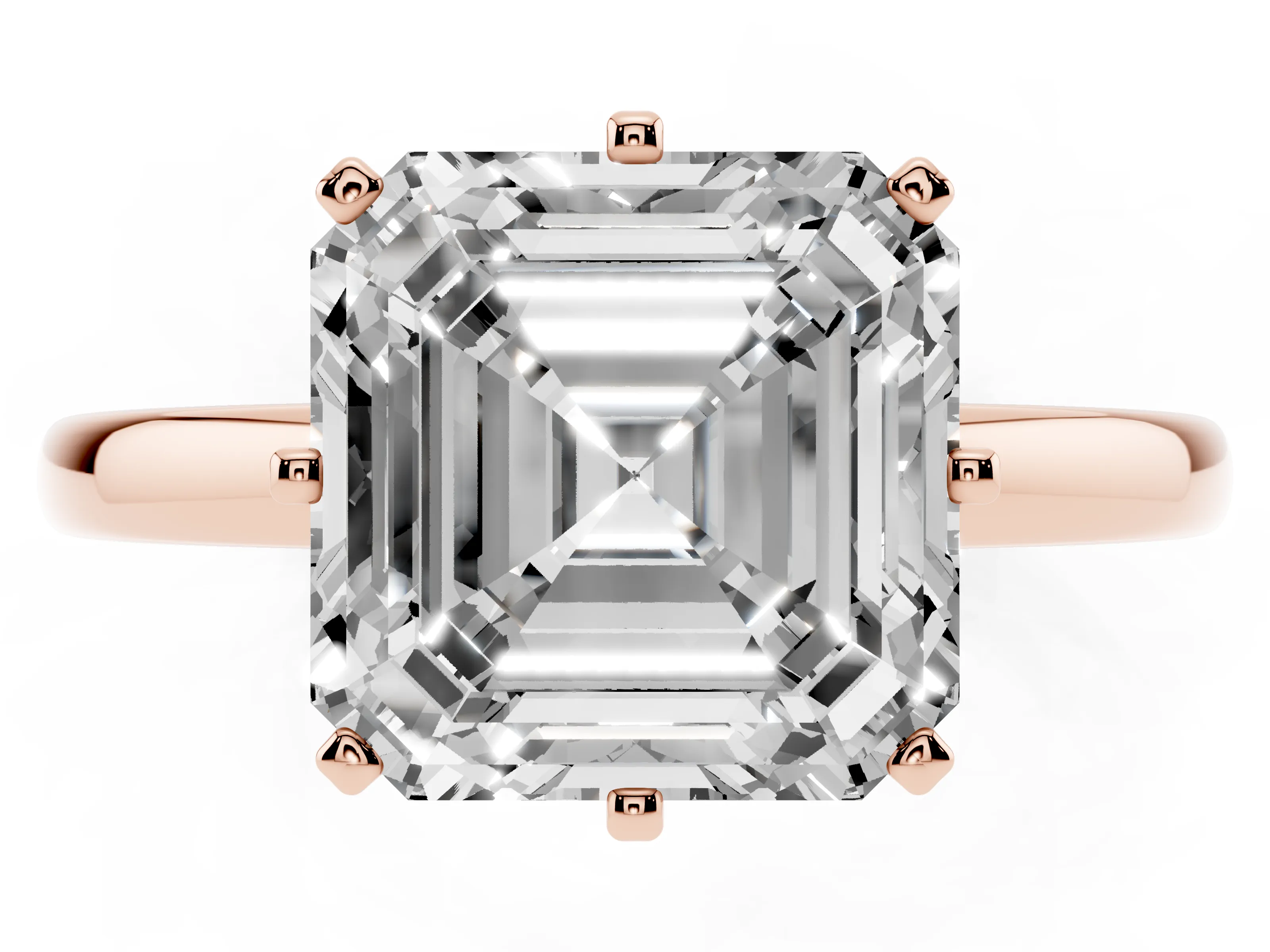 Asscher Cut Diamond Solitaire Ring Set in Rose gold with Raised Prong Setting on a Classic Band
