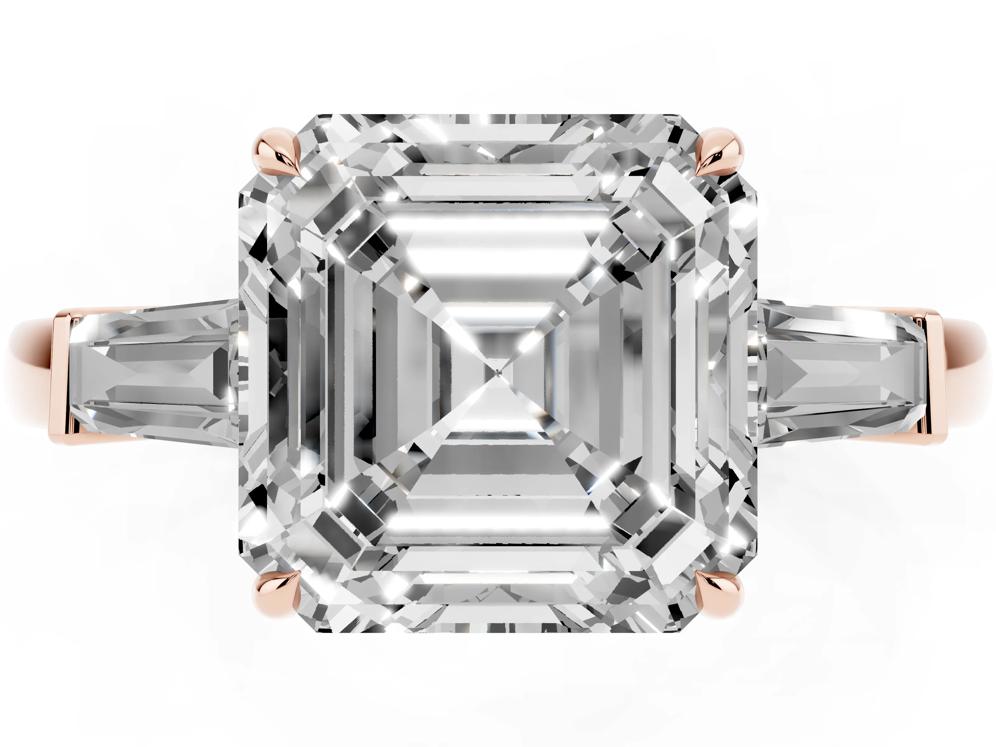Asscher Cut Diamond Three-Stone Ring Set in Rose gold with Tapered Baguette Side Stones and Prong Setting
