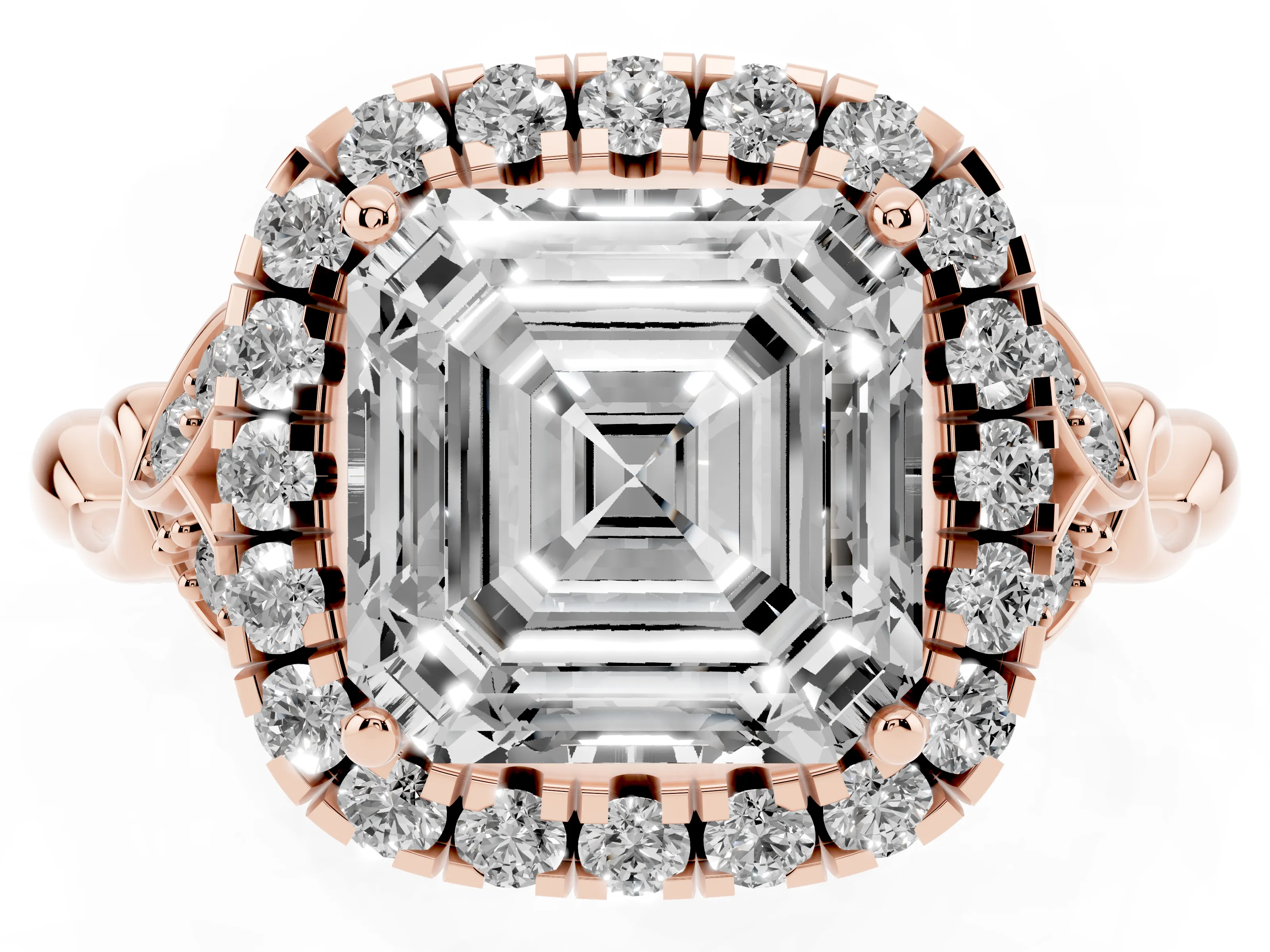 Asscher Cut Vintage Halo Engagement Ring Setting | Leaf Shoulders | Rose Gold