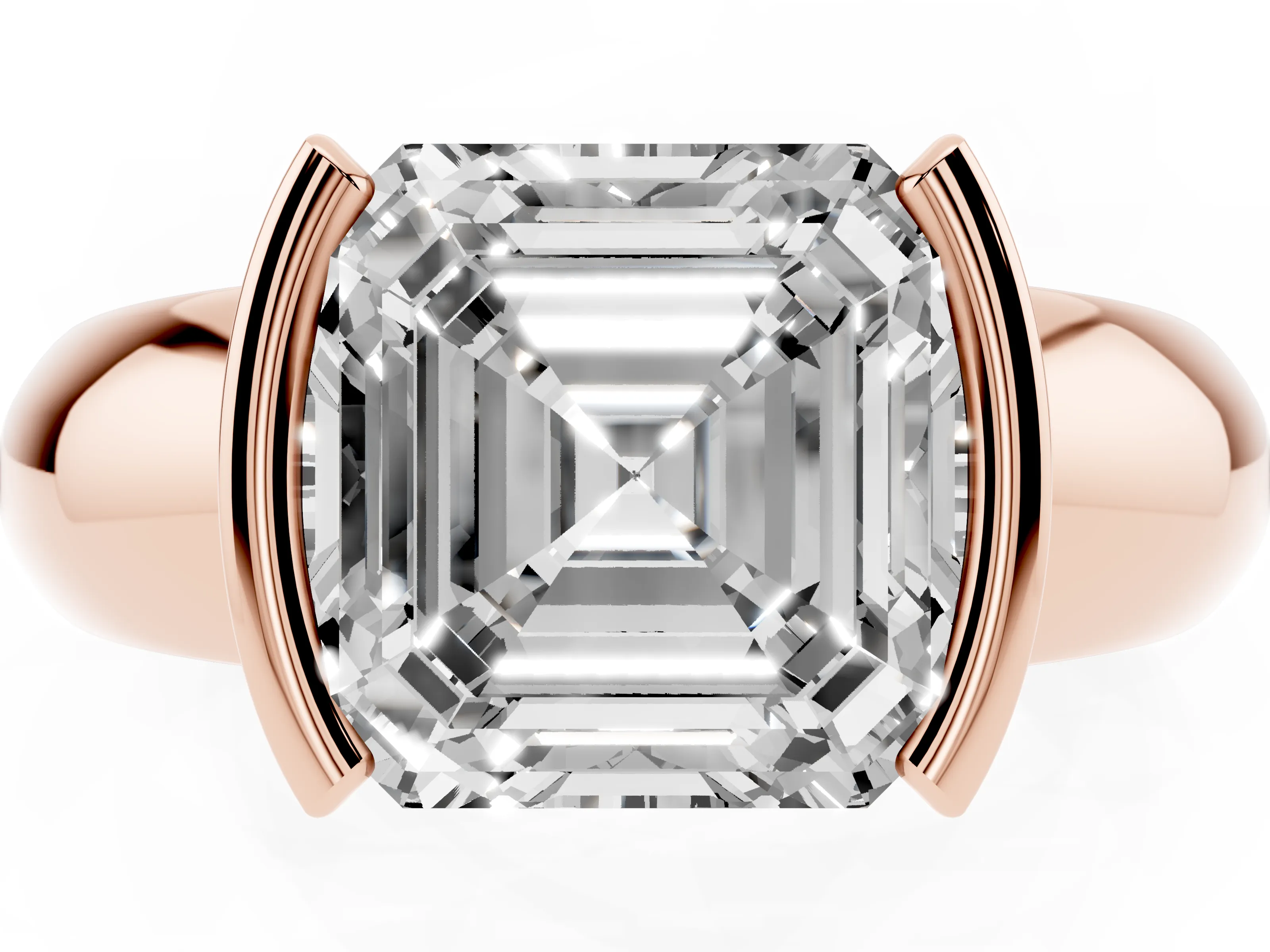 Asscher Cut Diamond Solitaire Tension Set Ring Set in Rose gold with Wide Band