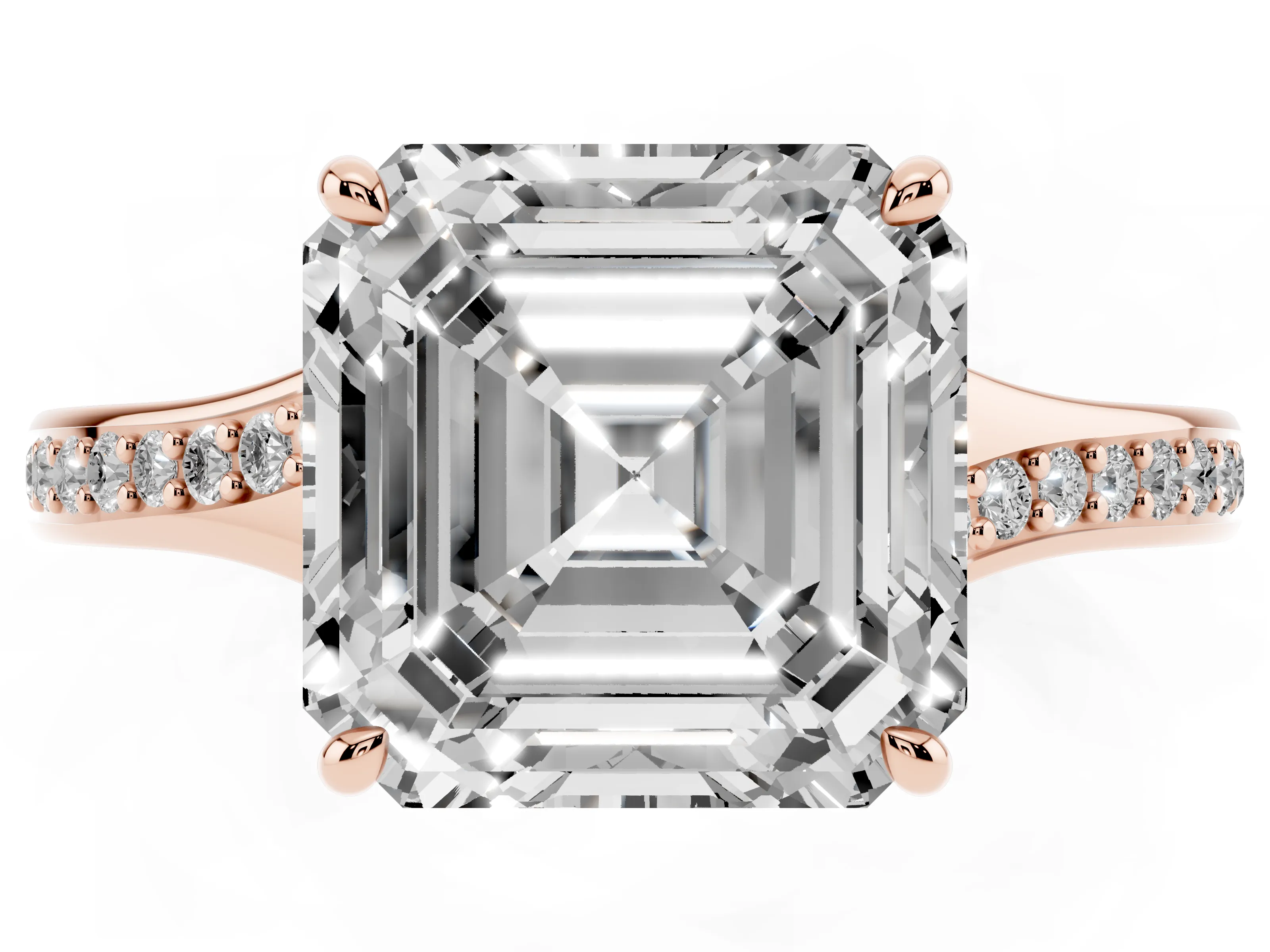 Asscher Cut Diamond Solitaire Ring Set in Rose gold with Pavé Accent Band and Classic Prong Setting
