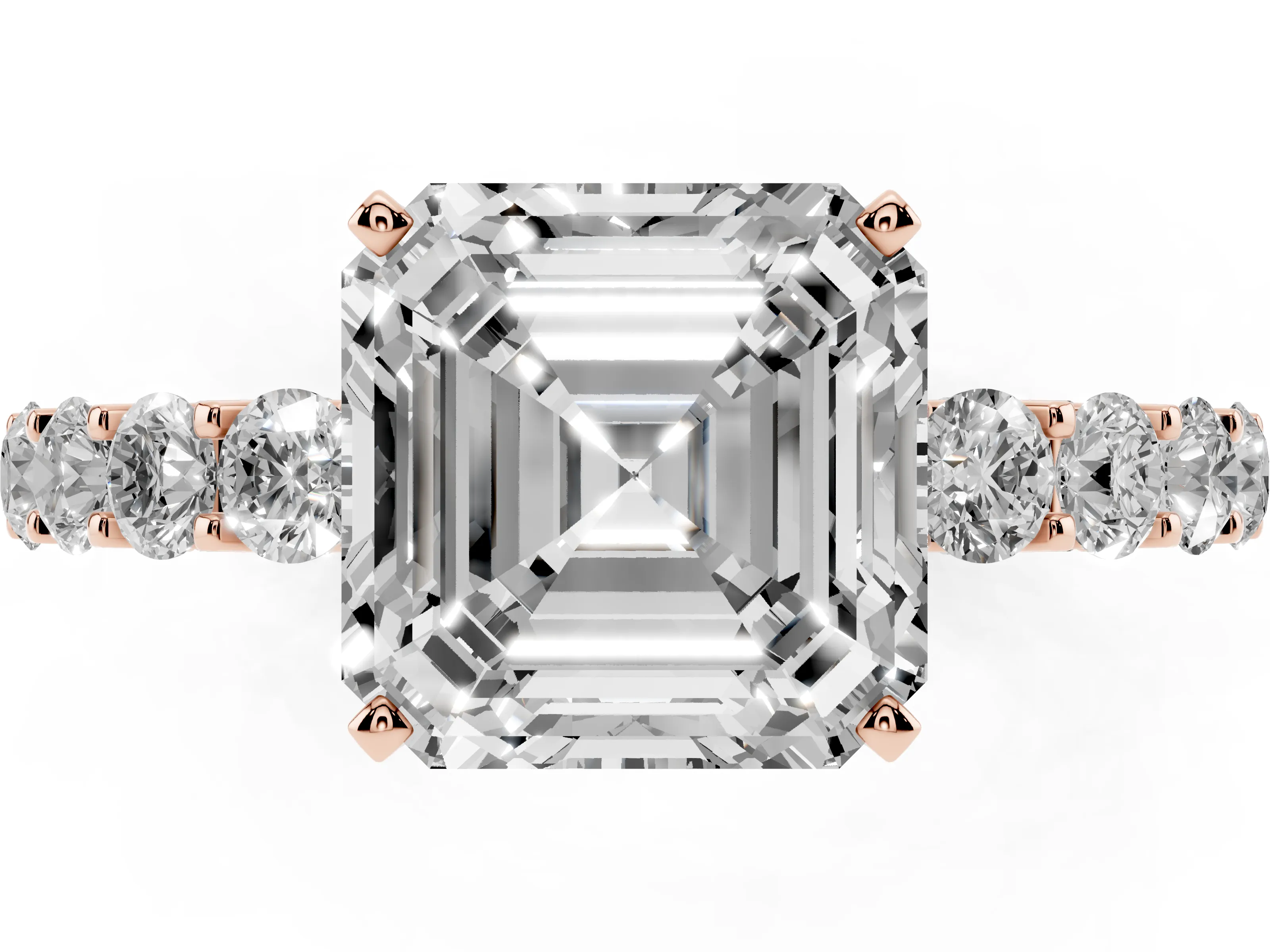 Asscher Cut Diamond Solitaire Ring Set in Rose gold with Shared Prong Pavé Band