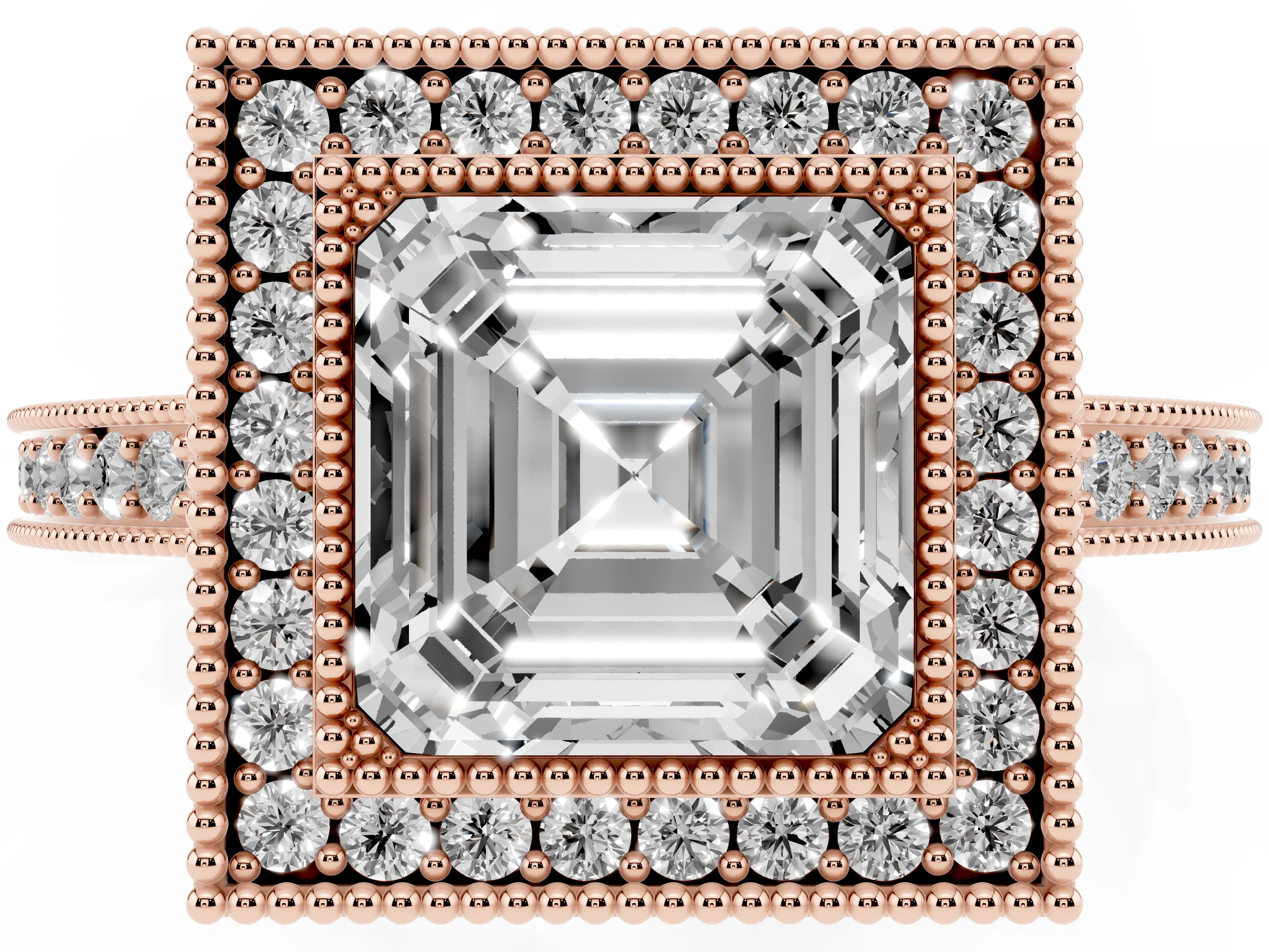 Asscher Cut Diamond Round Halo Ring Set in Rose gold with Pavé Band