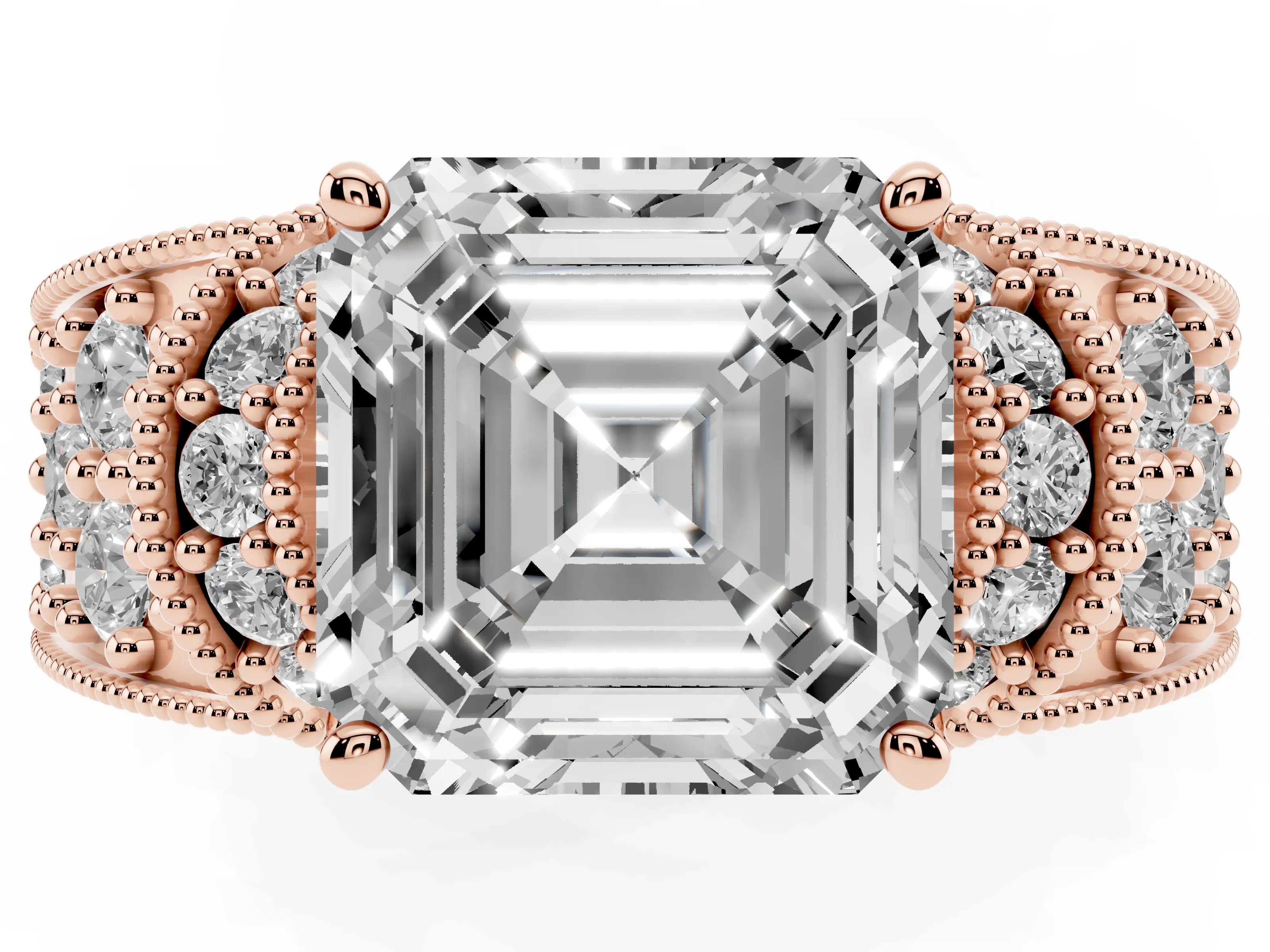 Asscher Cut Diamond Milgrain Halo Pavé Engagement Ring Set in Rose gold with Prong Setting