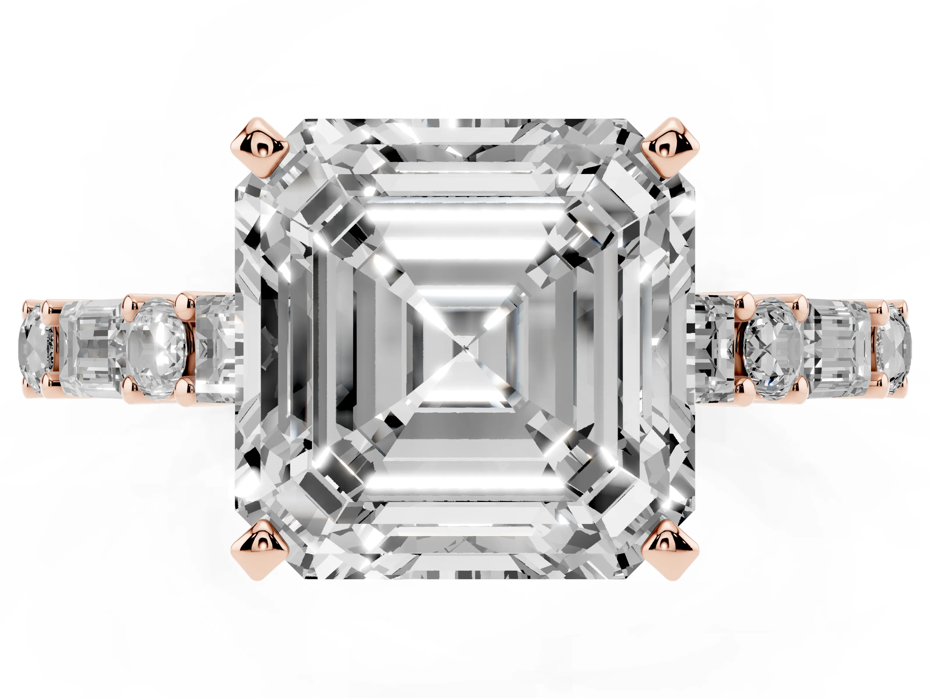Asscher Cut Diamond Solitaire Set in Rose gold with Side Baguettes and Channel Set Band