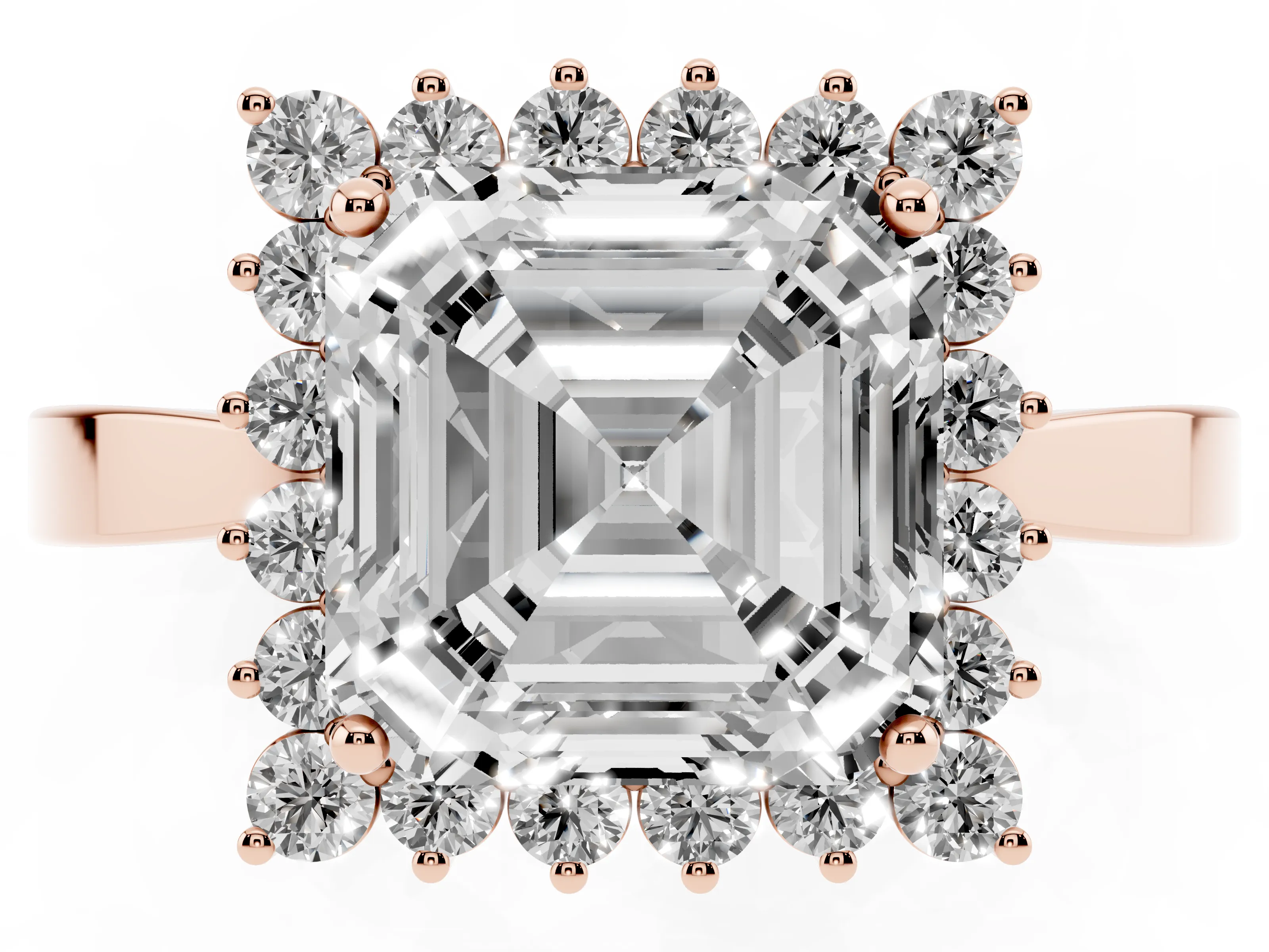 Asscher Cut Diamond Halo Ring Set in Rose gold with Round Halo and Smooth Solitaire Band