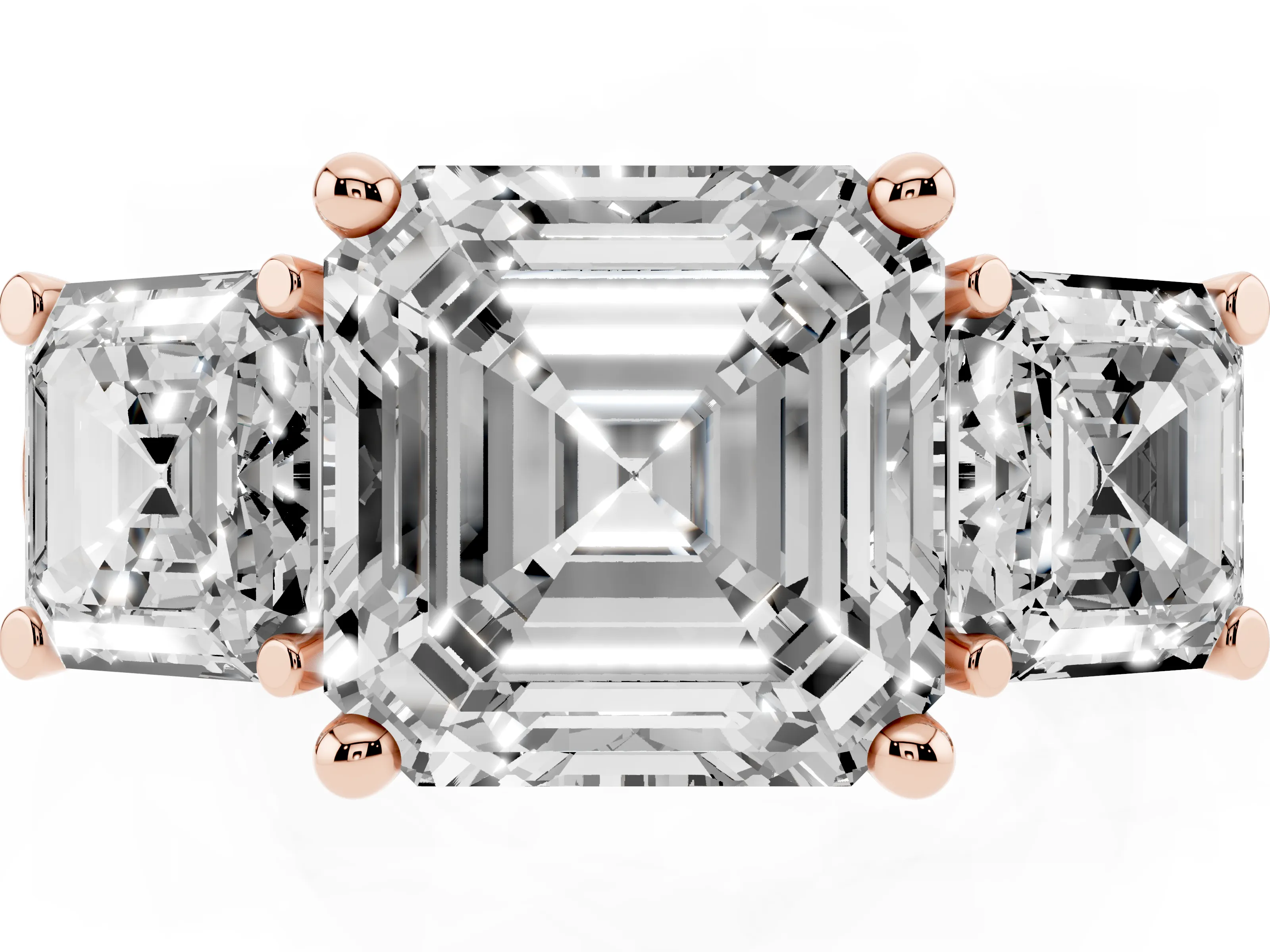 Asscher Cut Diamond Three-Stone Trellis Ring Set in Rose gold with Comfort Fit Band