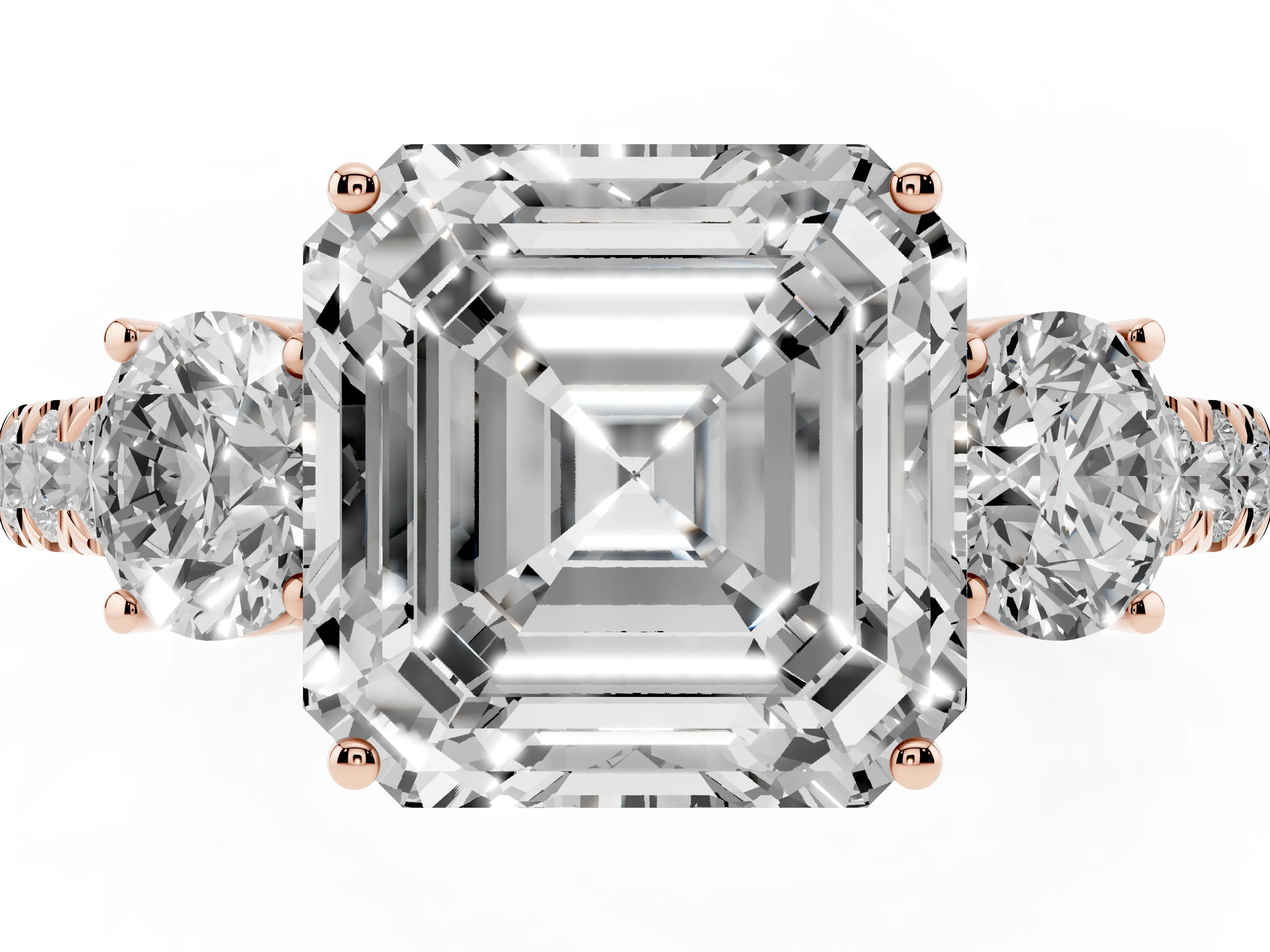 Asscher Cut Diamond Three-Stone Ring Set in Rose gold with Round Side Stones and Delicate Pavé Band