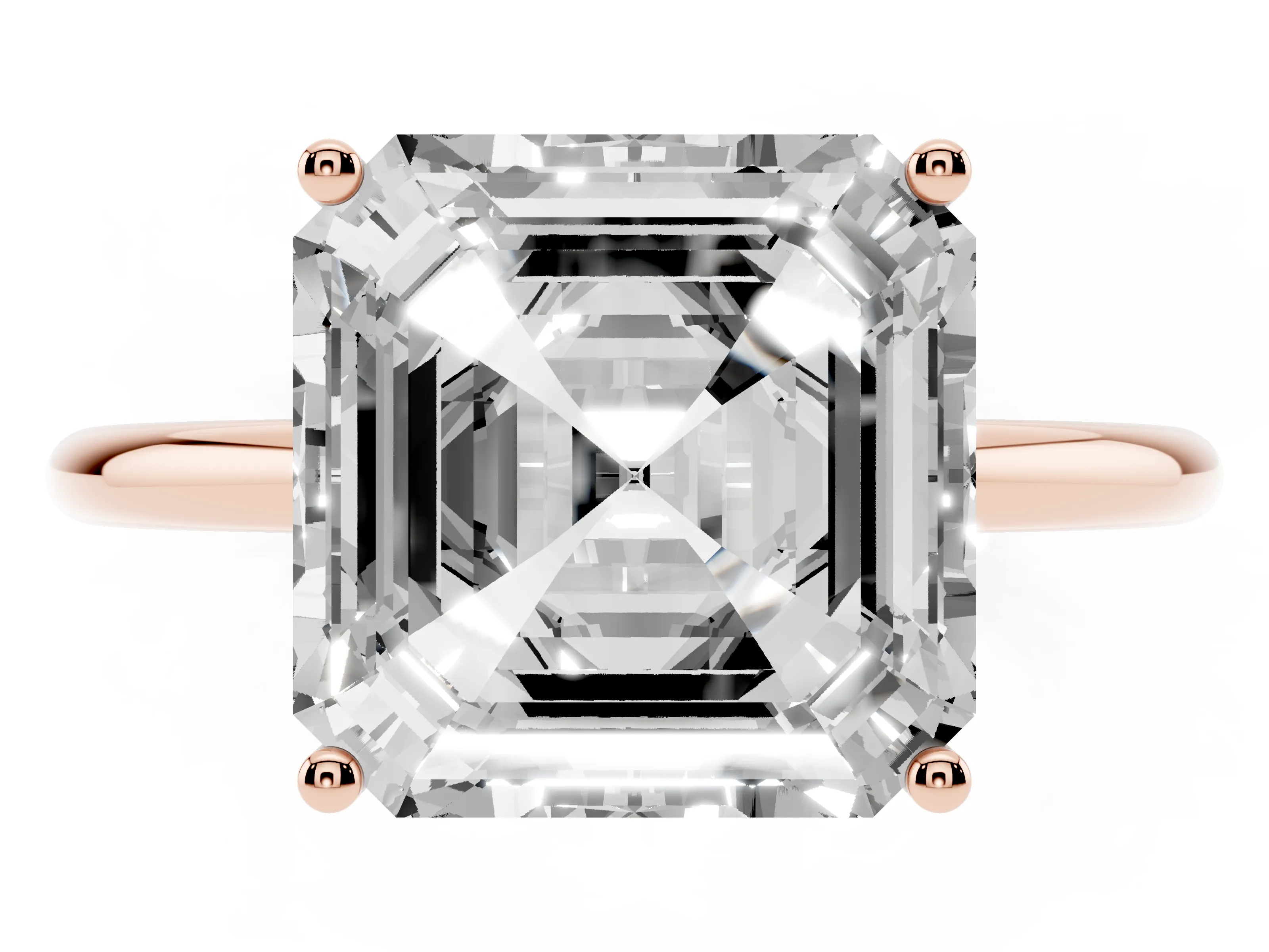 Asscher Cut Diamond Solitaire Engagement Ring Set in Rose gold with Thin Band and Prong Setting