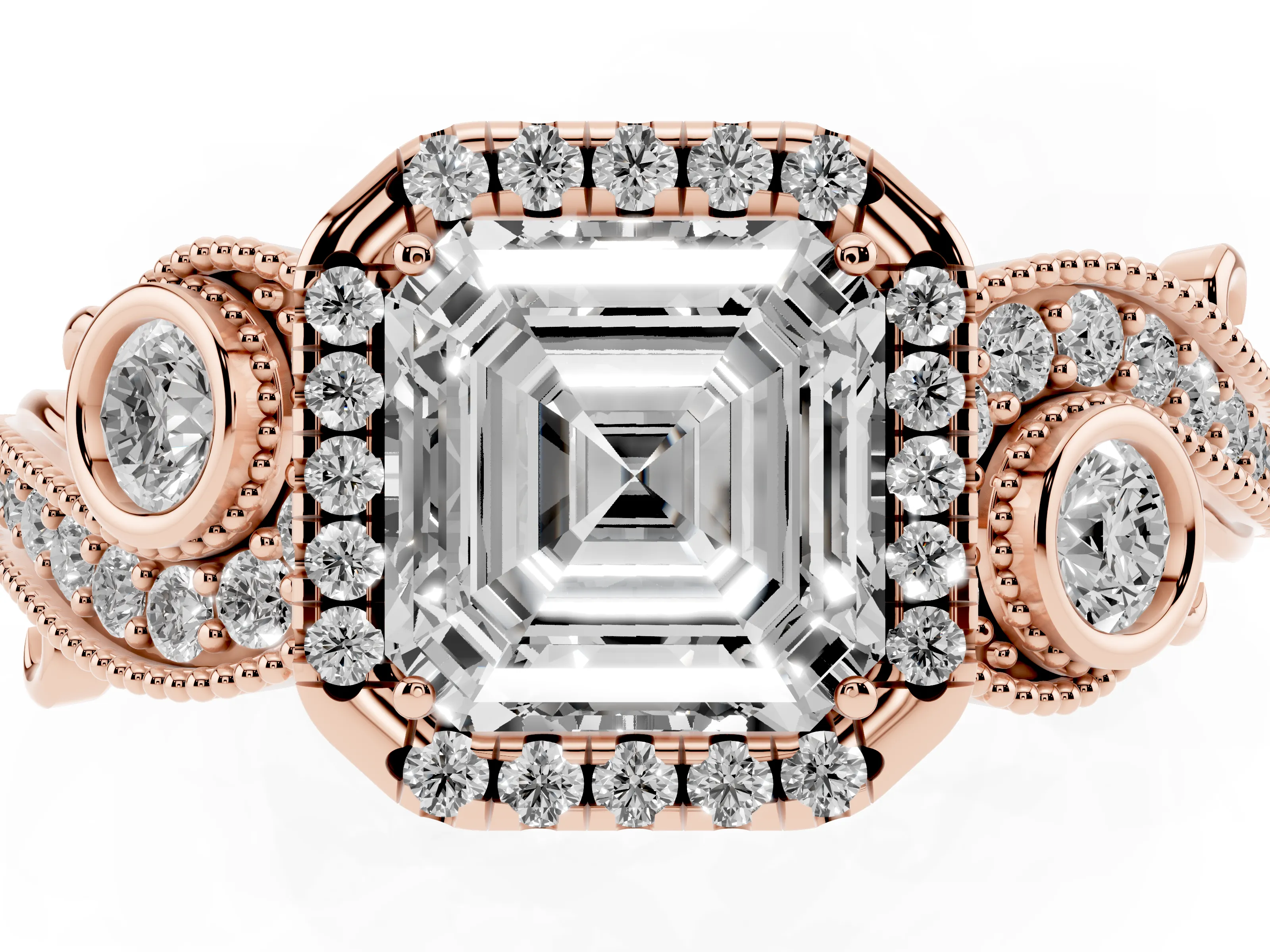 Asscher Cut Diamond Halo Ring Set in Rose gold with Milgrain Pavé Band and Prong Setting
