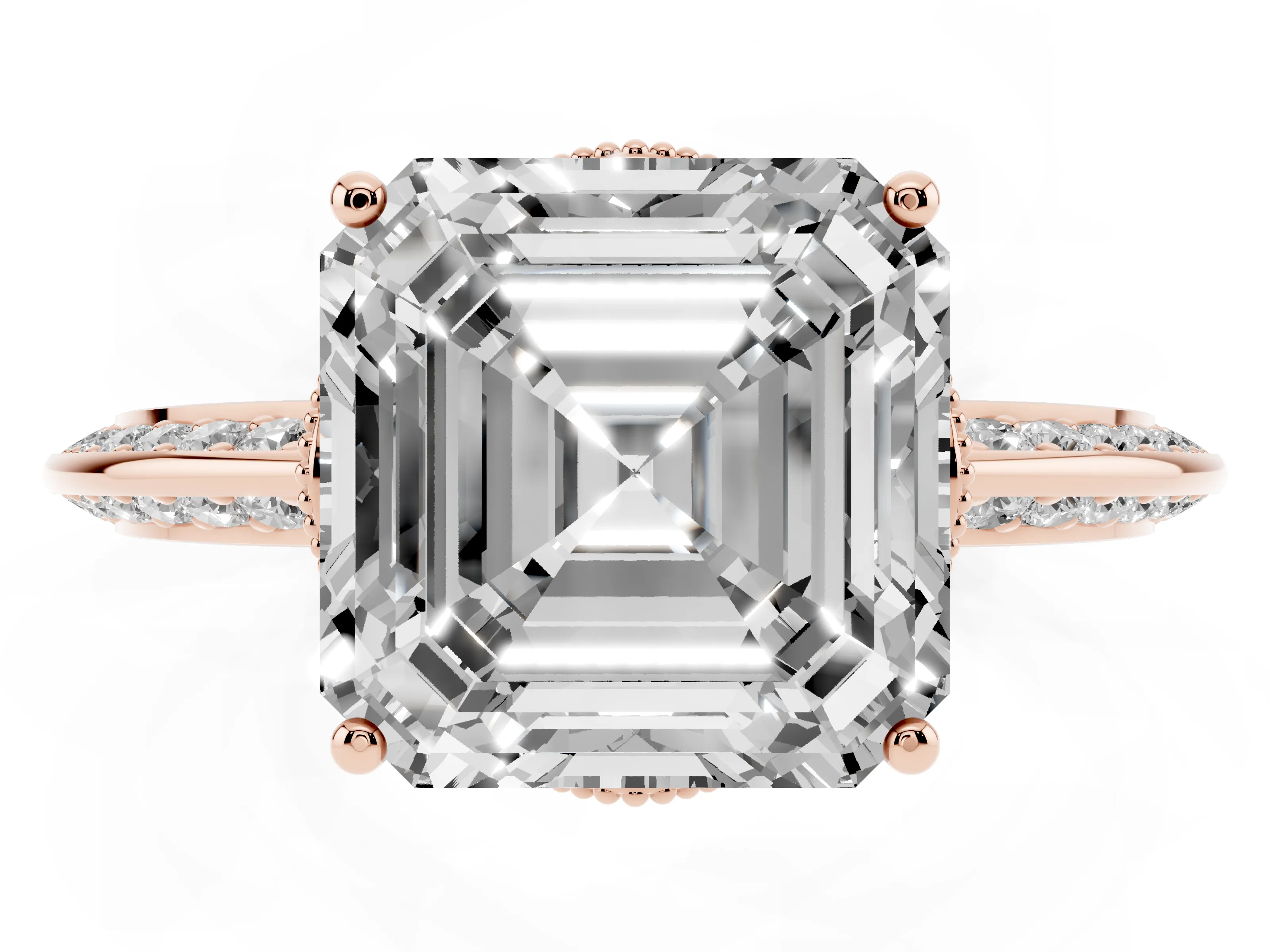 Asscher Cut Diamond Solitaire Engagement Ring Set in Rose gold with Pavé Split Shank and Prong Setting
