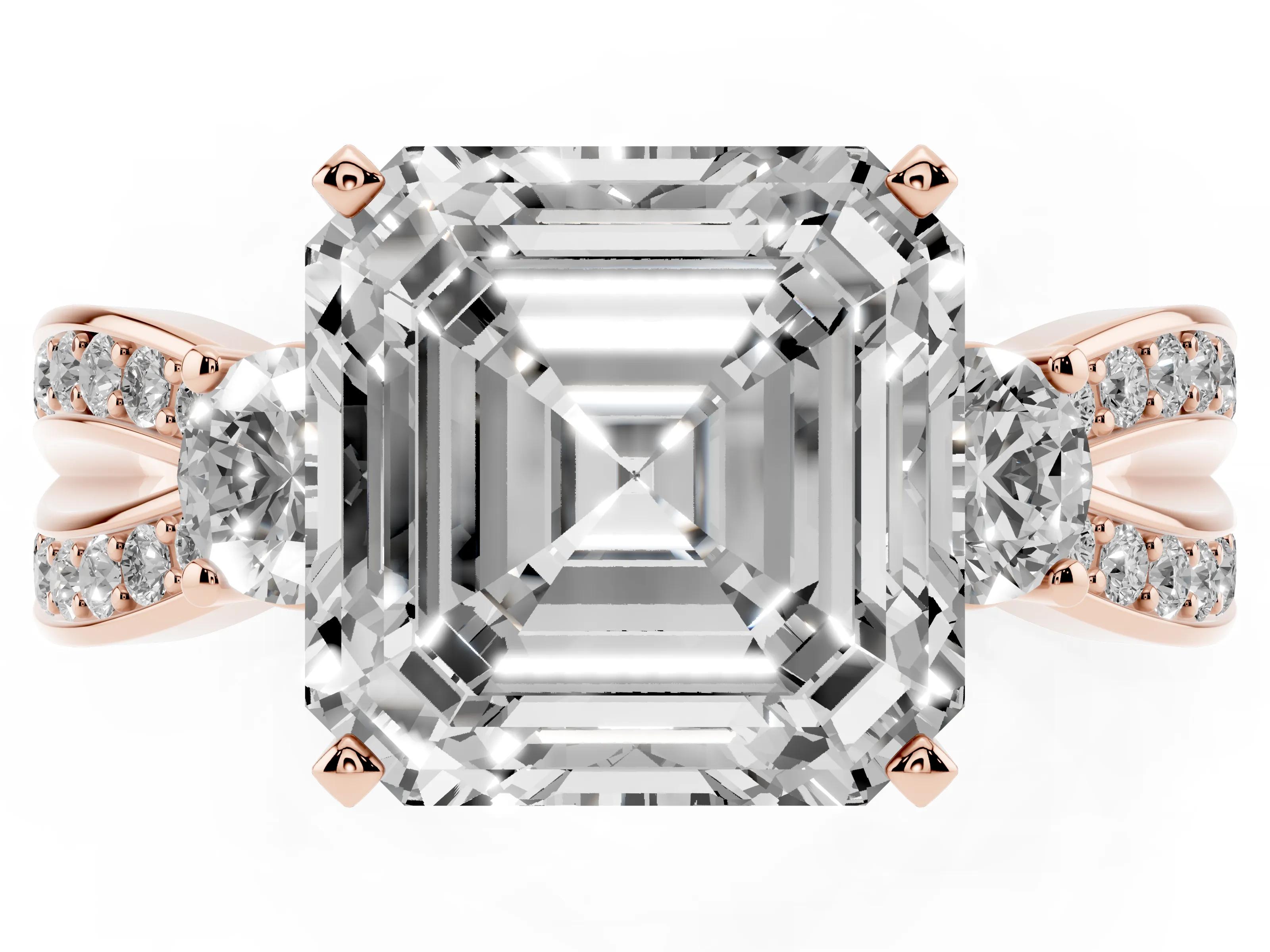Three-Stone Asscher Cut Diamond Twist Band Ring Set in Rose gold with Pavé Accents and Prong Setting