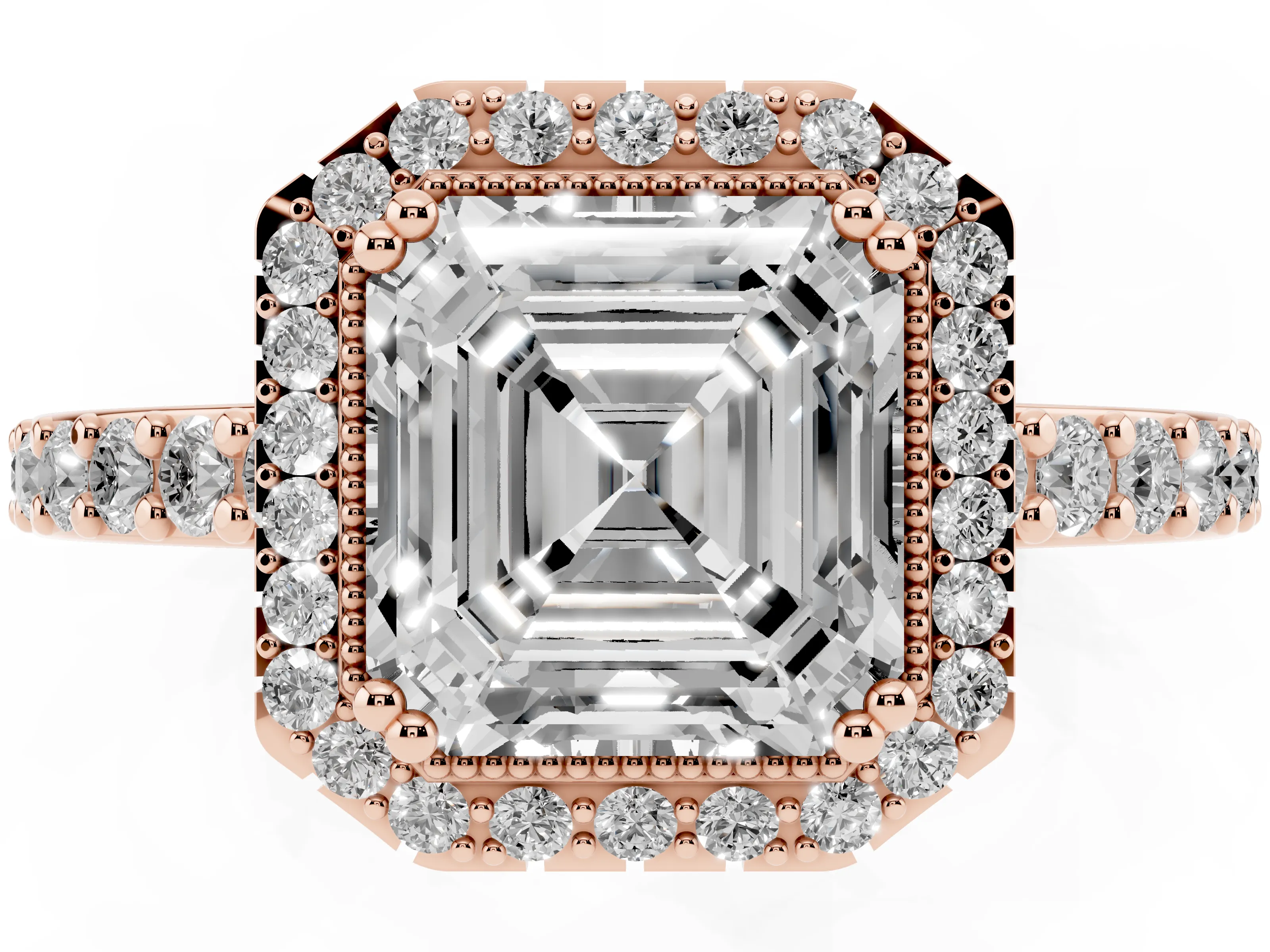 Asscher Cut Diamond Halo Engagement Ring Set in Rose gold with Milgrain Detail and Pavé Band