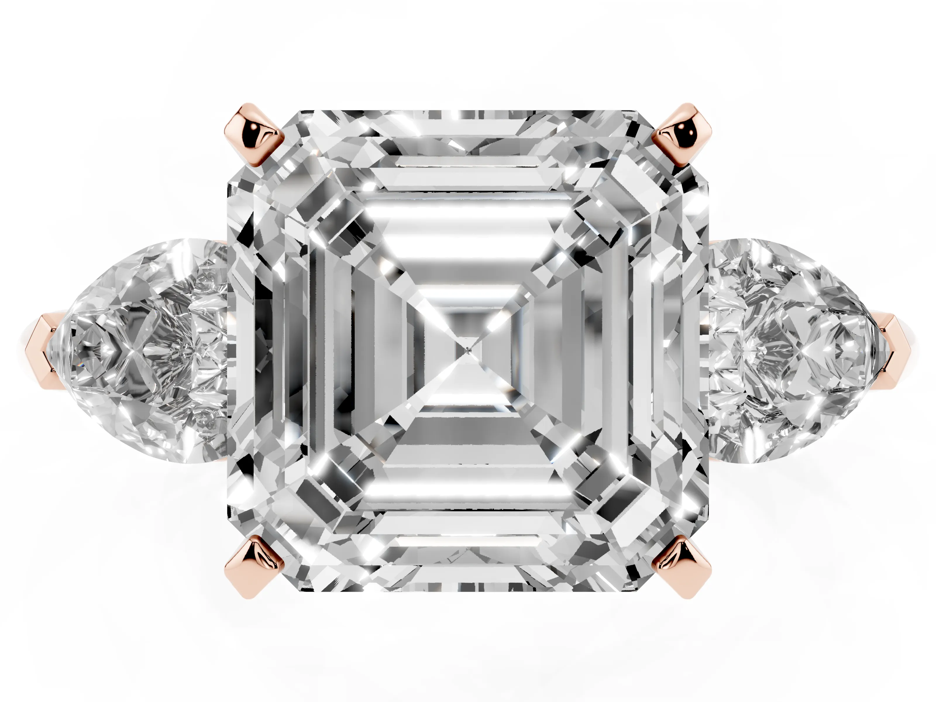 Three-Stone Asscher Cut Diamond Ring Set in Rose gold with Pear Side Stones and Prong Setting