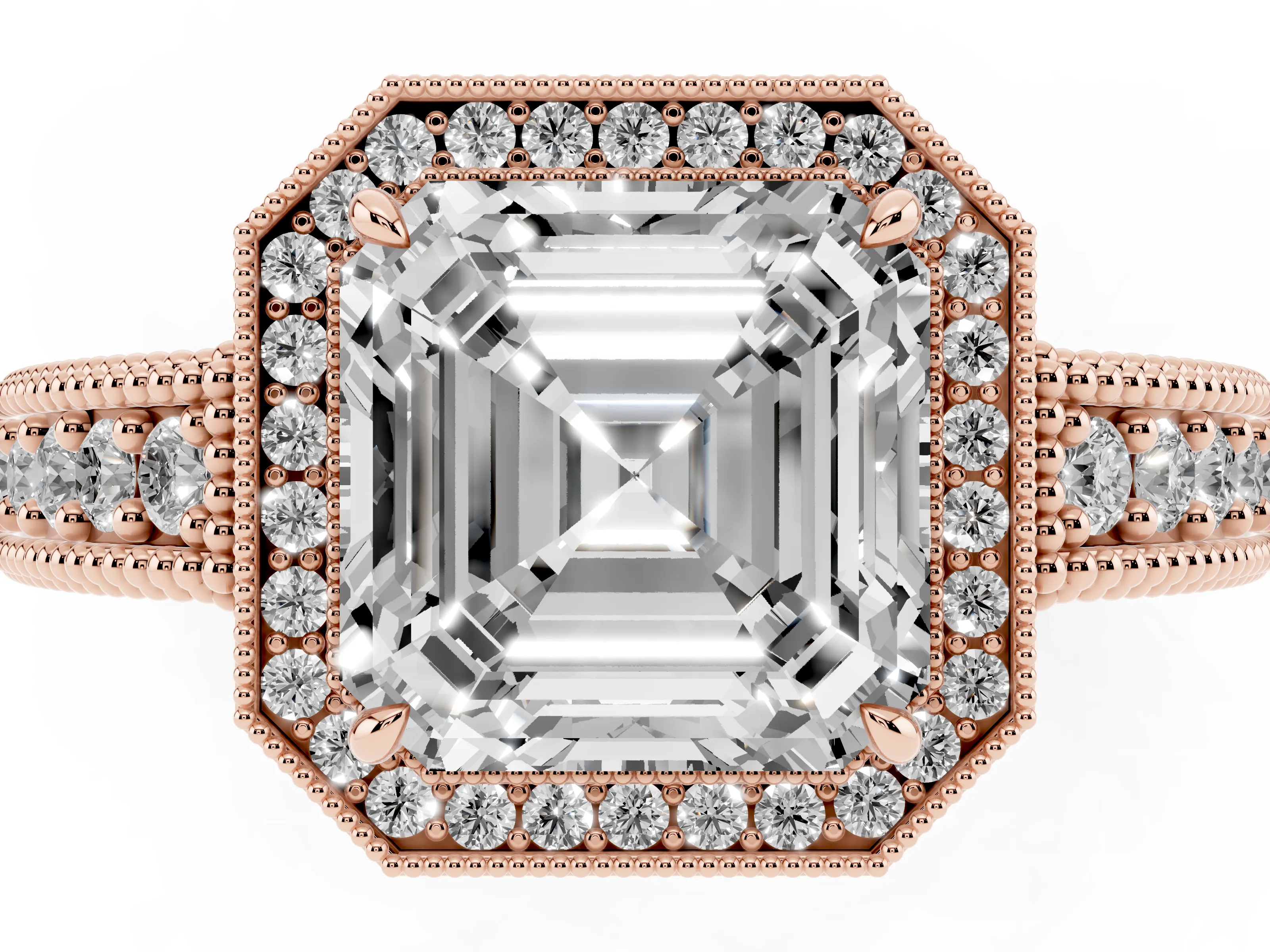 Asscher Cut Diamond Halo Ring Set in Rose gold with Round Accent Halo, Pavé Band and Prong Setting