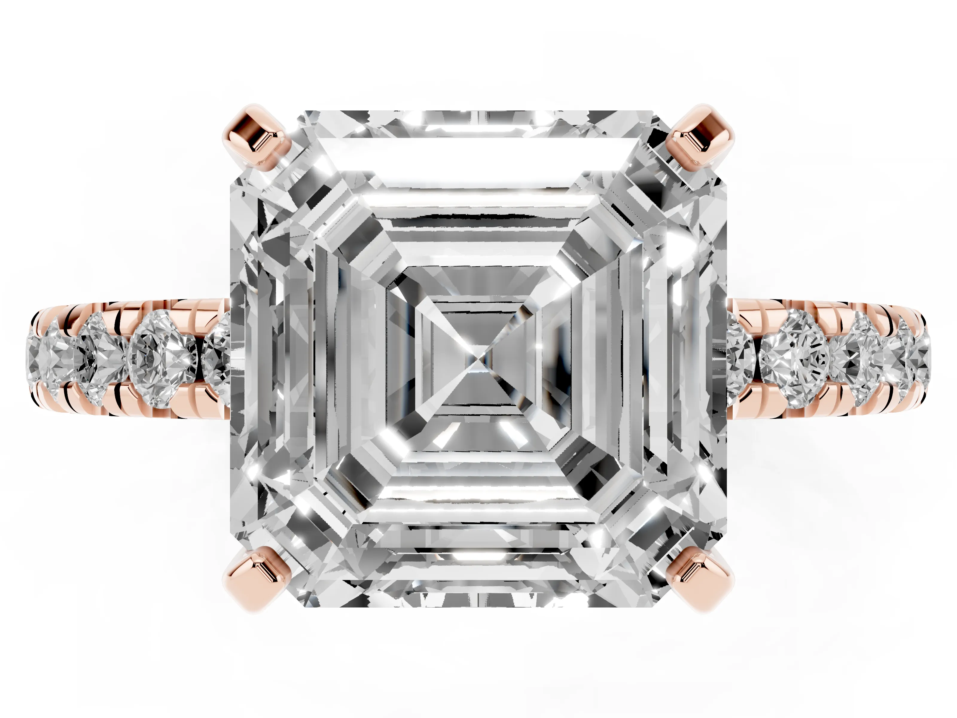 Asscher Cut Diamond Pavé Solitaire Ring Set in Rose gold with Round Band and Prong Setting