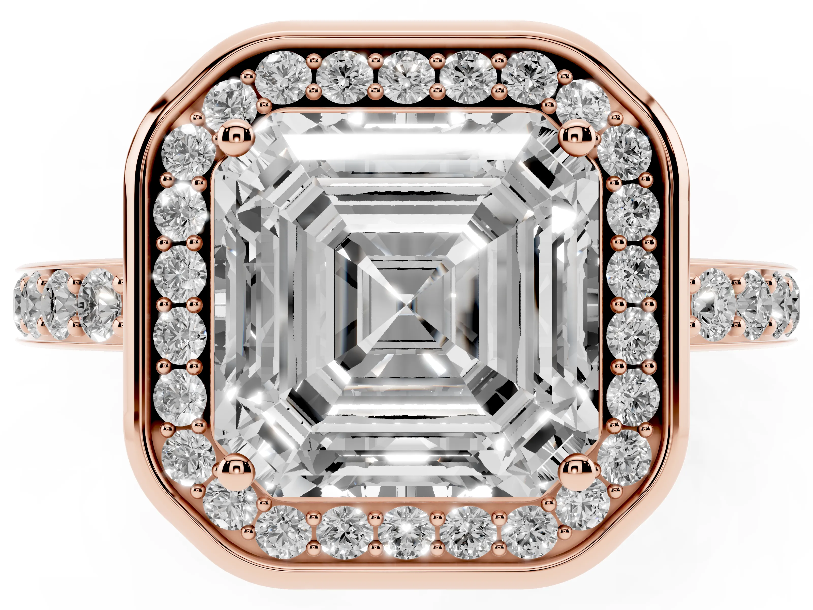 Asscher Cut Diamond Halo Ring Set in Rose gold with Bezel Frame and Pavé Band
