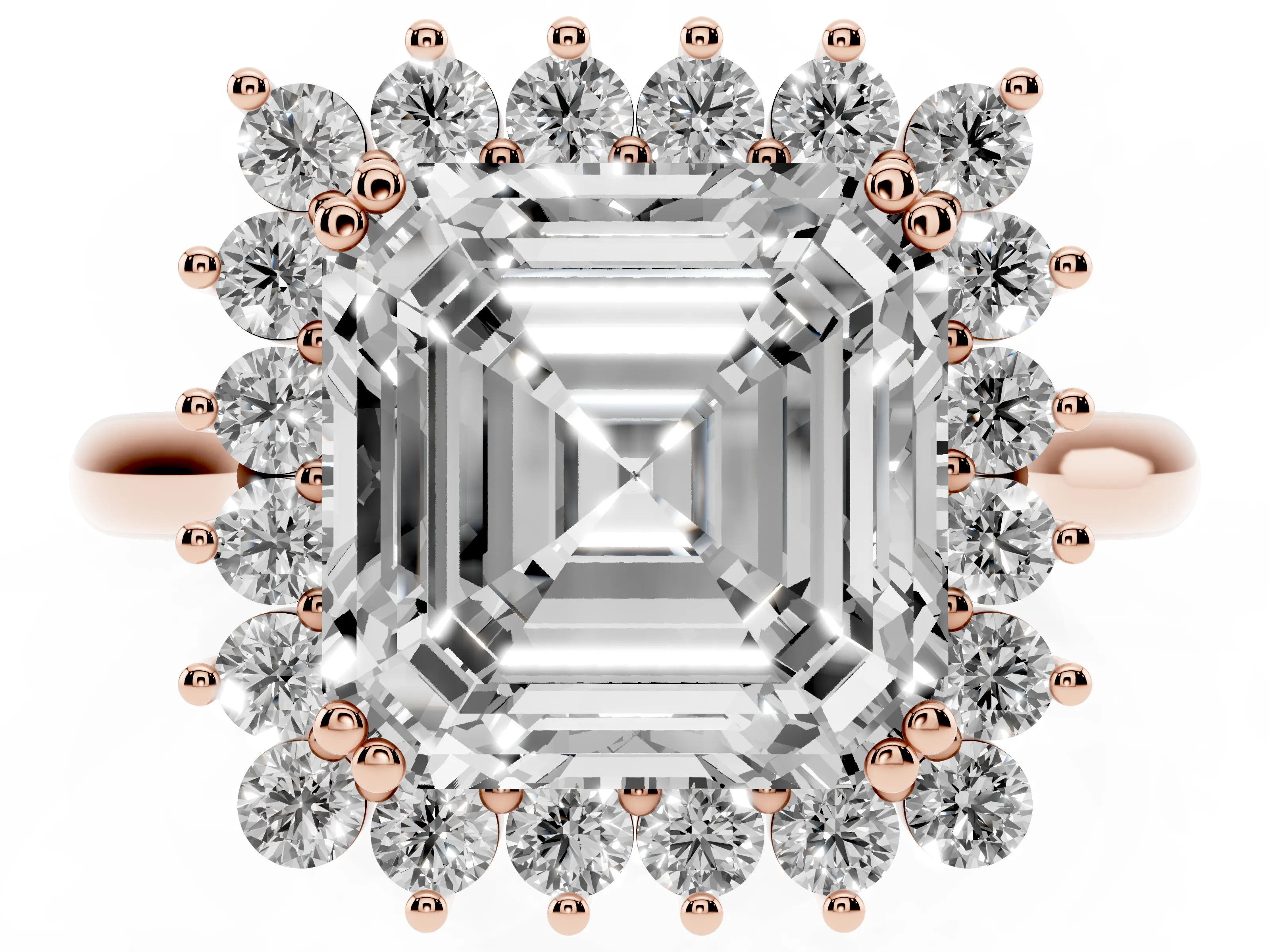 Asscher Cut Diamond Halo Ring Set in Rose gold with Plain Solitaire Band and Prong Setting