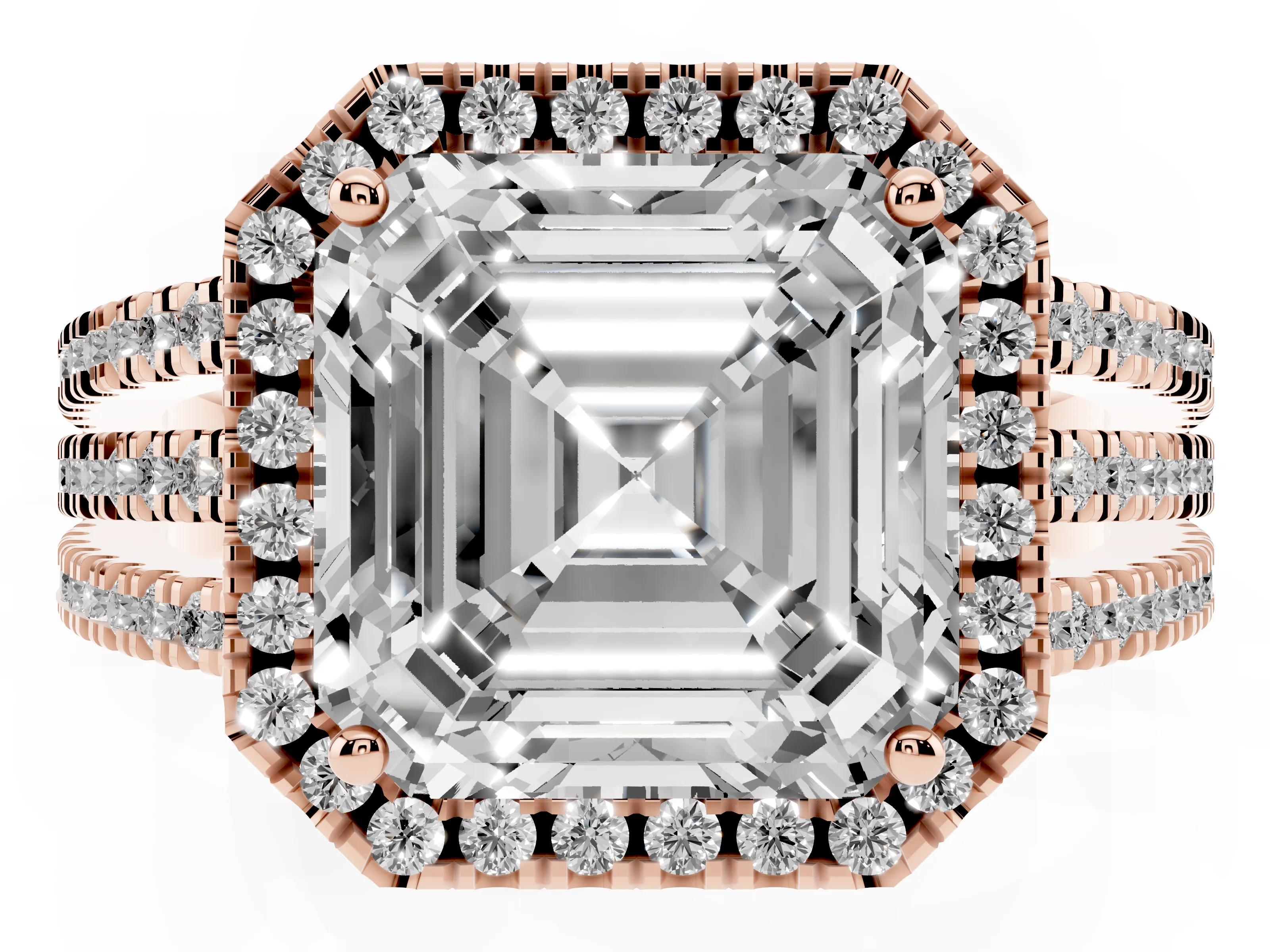 Asscher Cut Diamond Halo Split Shank Engagement Ring Set in Rose gold with Prong Setting