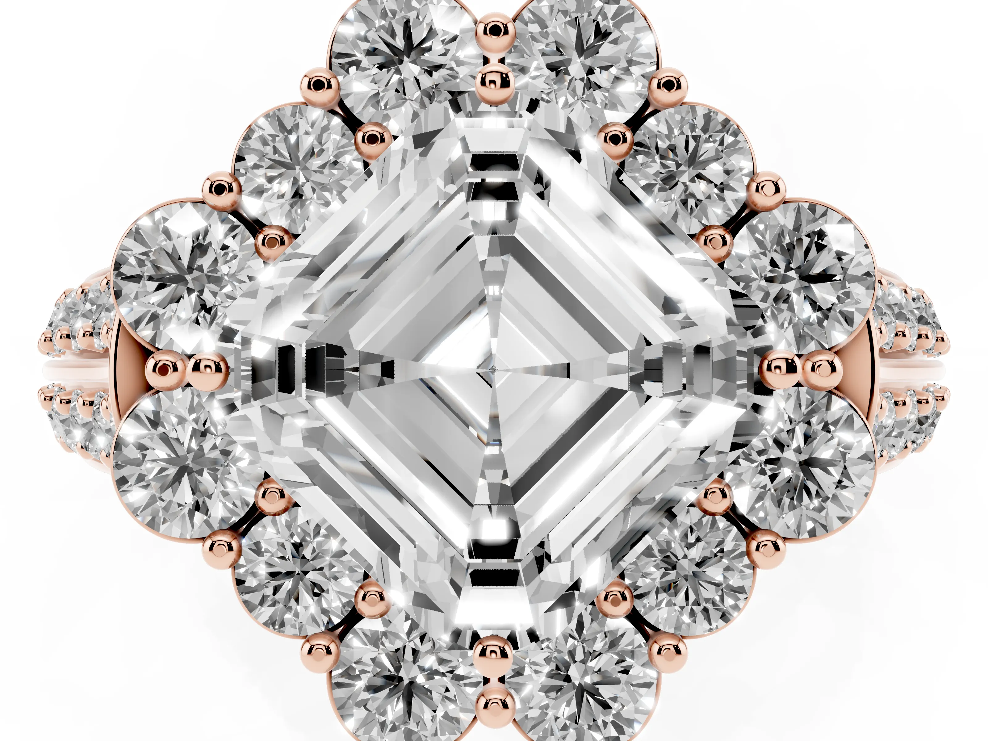 Asscher Cut Diamond Halo Engagement Ring Set in Rose gold with Split Shank and Prong Setting