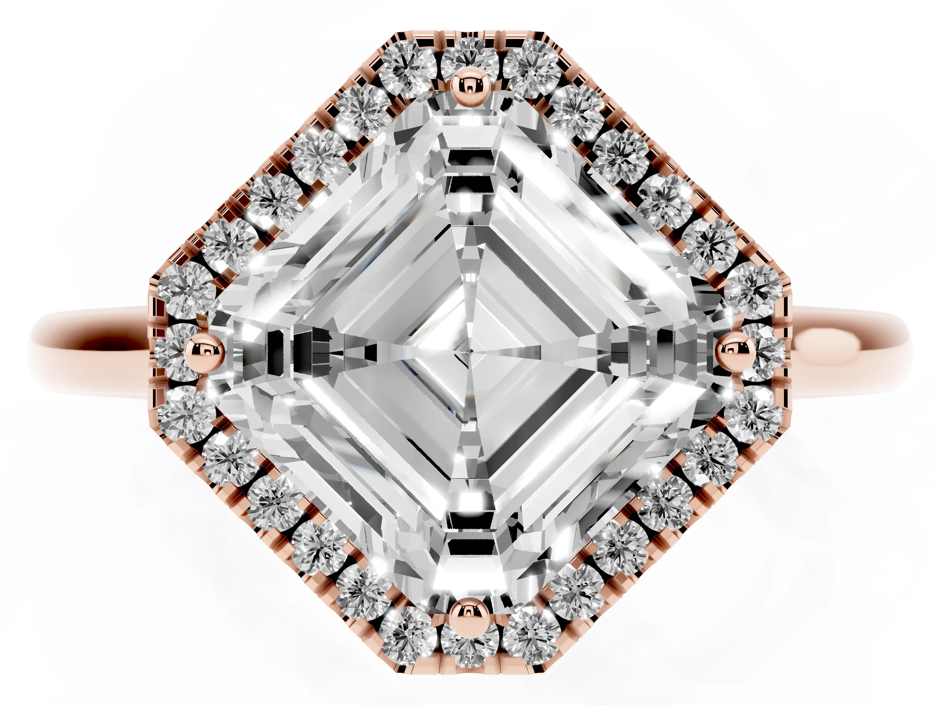 Asscher Cut Diamond Halo Engagement Ring Set in Rose gold with Pavé Band and Rising Shoulders