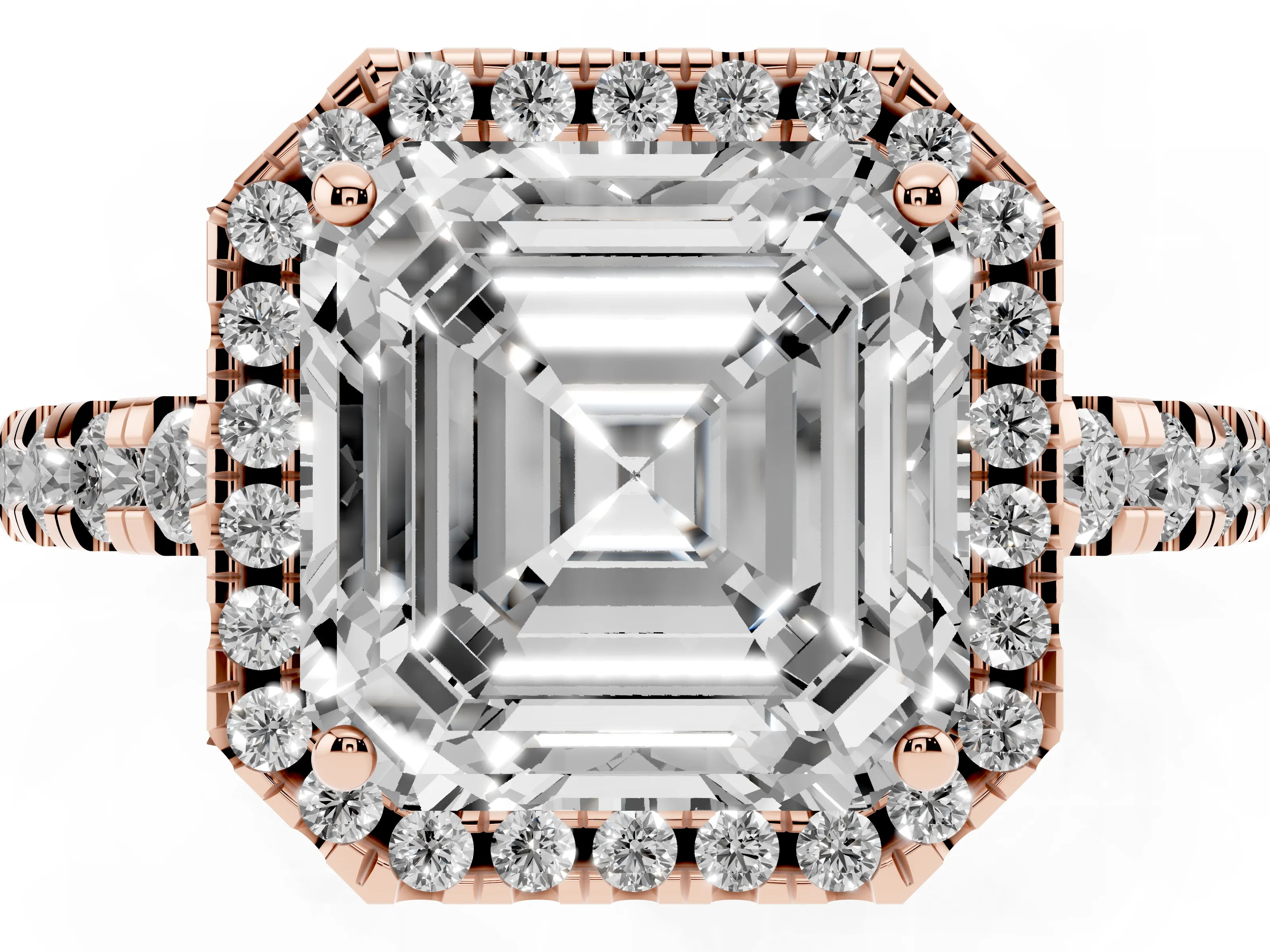 Asscher Cut Diamond Halo Ring Set in Rose gold with Delicate Pavé Band and Prong Setting