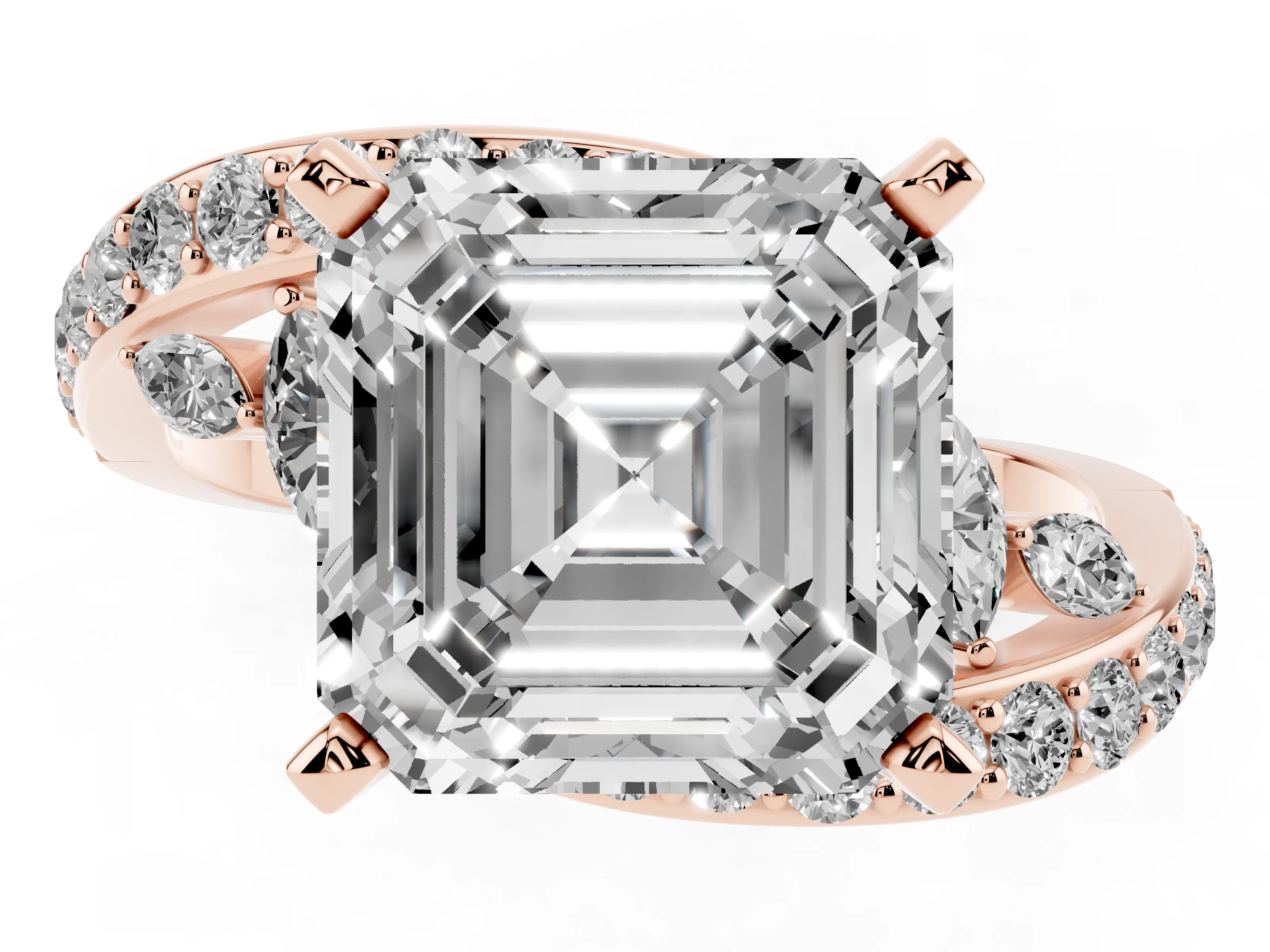 Asscher Cut Diamond Solitaire Ring Set in Rose gold with Pavé Twist Band and Secure Prong Setting