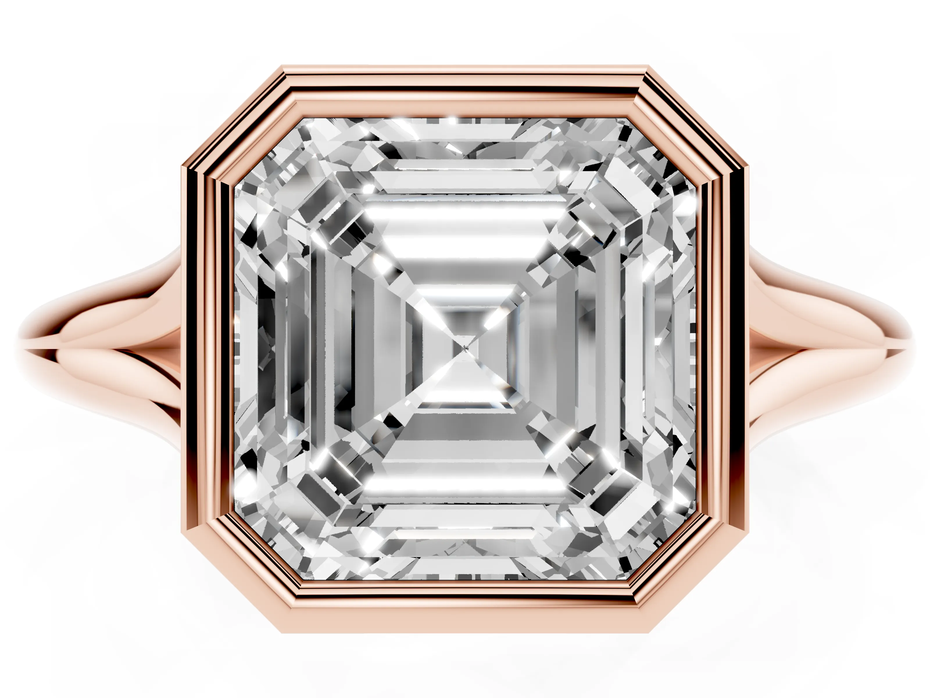 Bezel Set Asscher Cut Diamond Solitaire Ring Set in Rose gold with Tapered Band