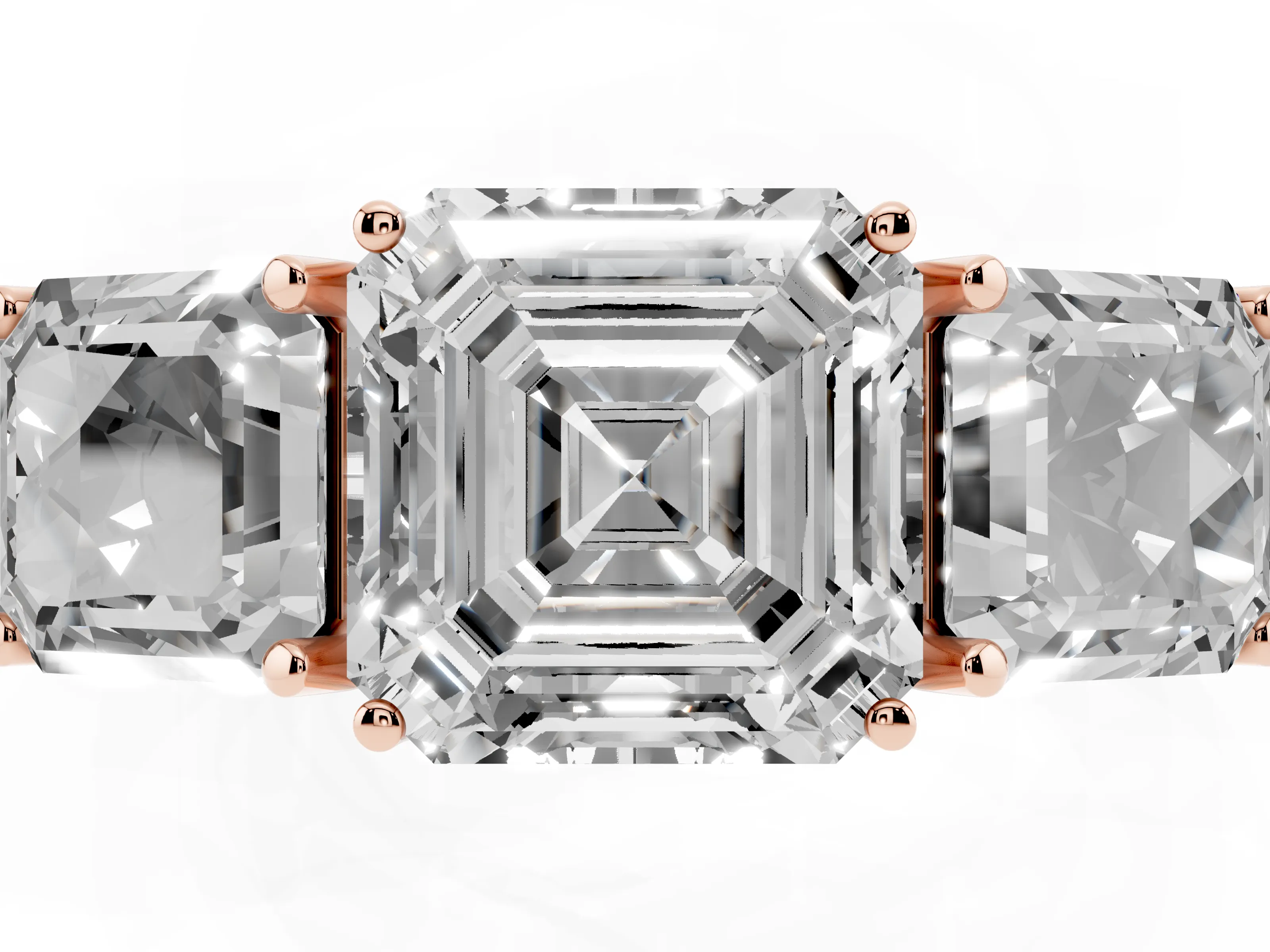 Asscher Cut Diamond Three-Stone Engagement Ring Set in Rose gold with Milgrain Pavé Band