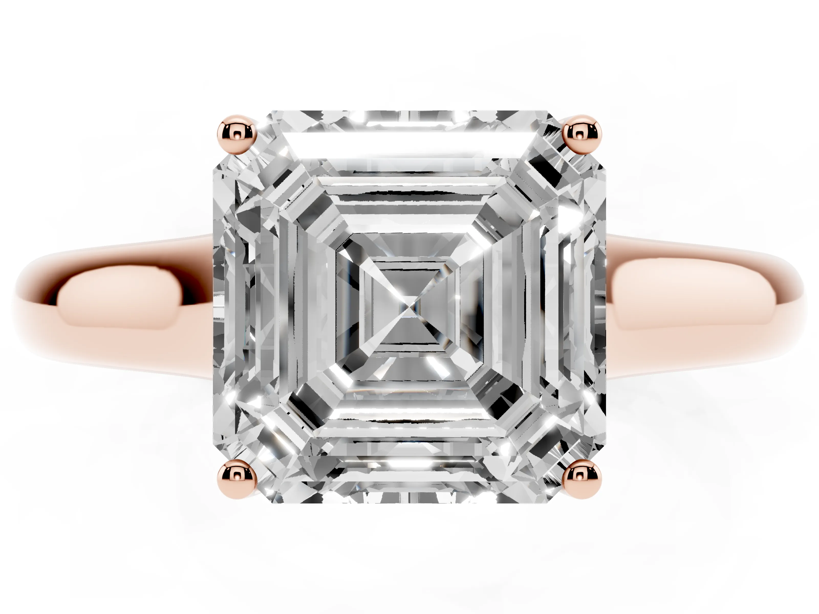 Asscher Cut Diamond Solitaire Engagement Ring Set in Rose gold with Subtly Tapered Band and Prong Setting