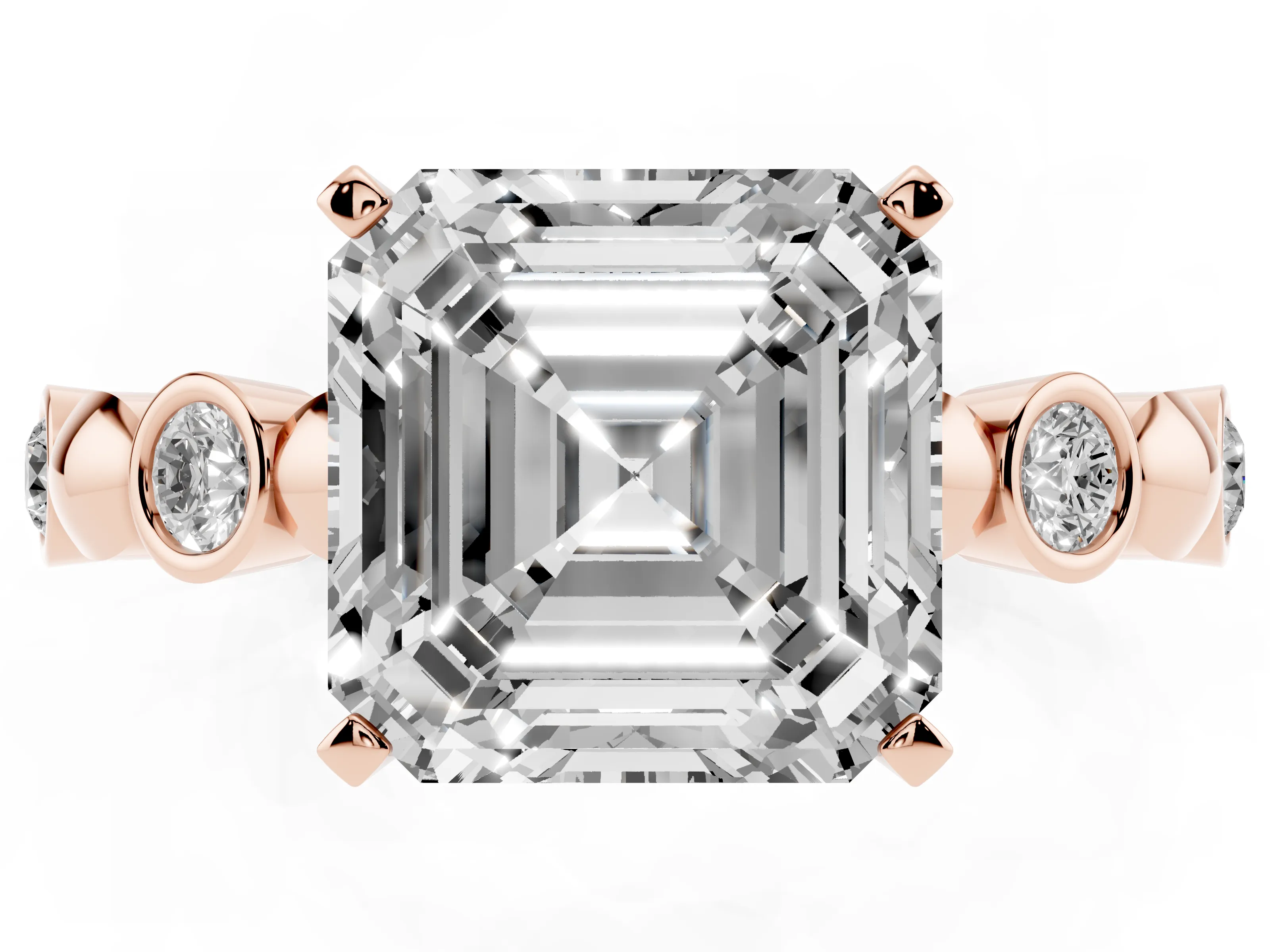 Asscher Cut Diamond Solitaire Ring Set in Rose gold with Bezel-Set Accents on Beaded Band and Prong Setting
