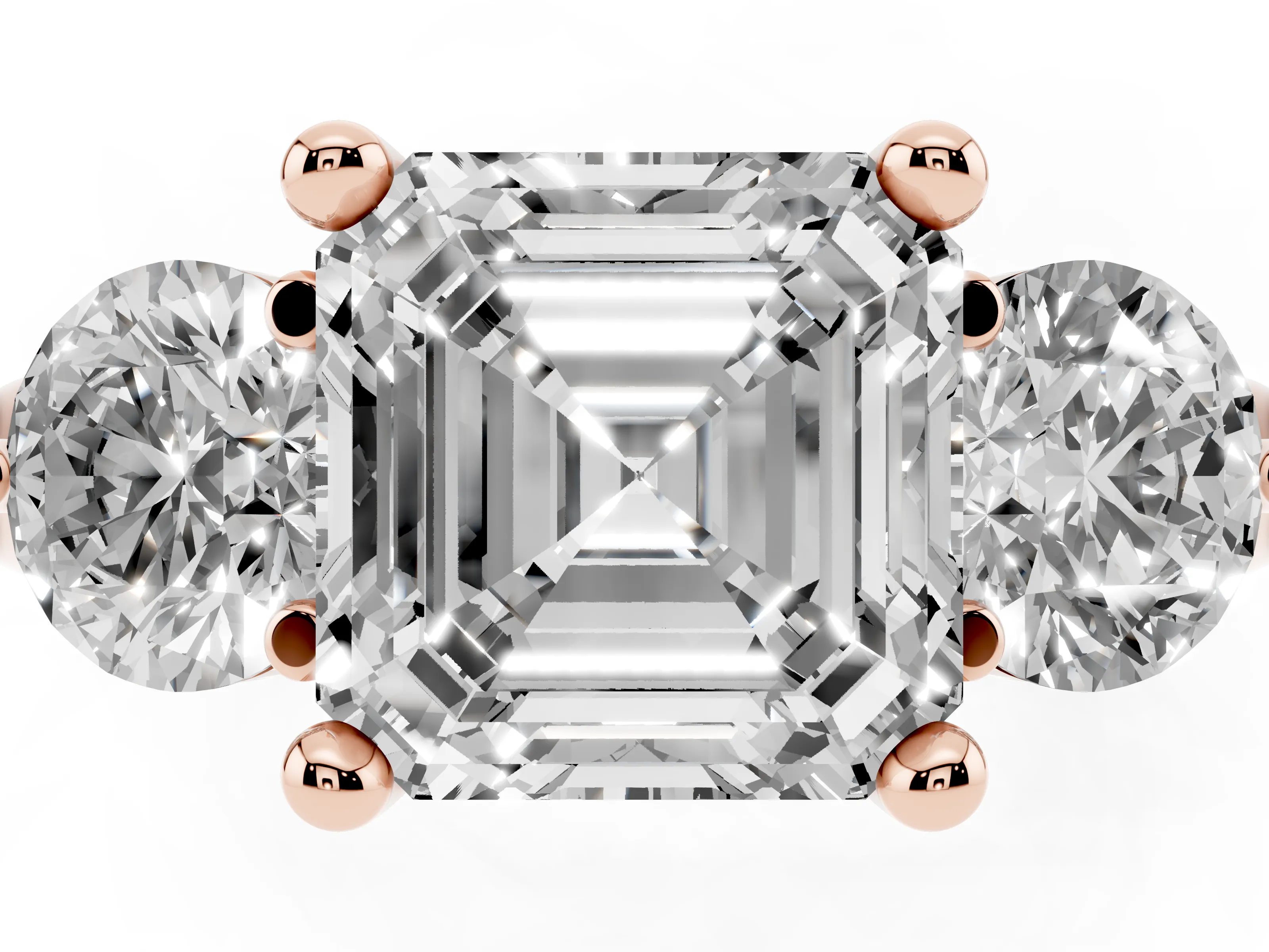 Asscher Cut Diamond Three-Stone Ring Set in Rose gold with Prong Setting and Classic Band