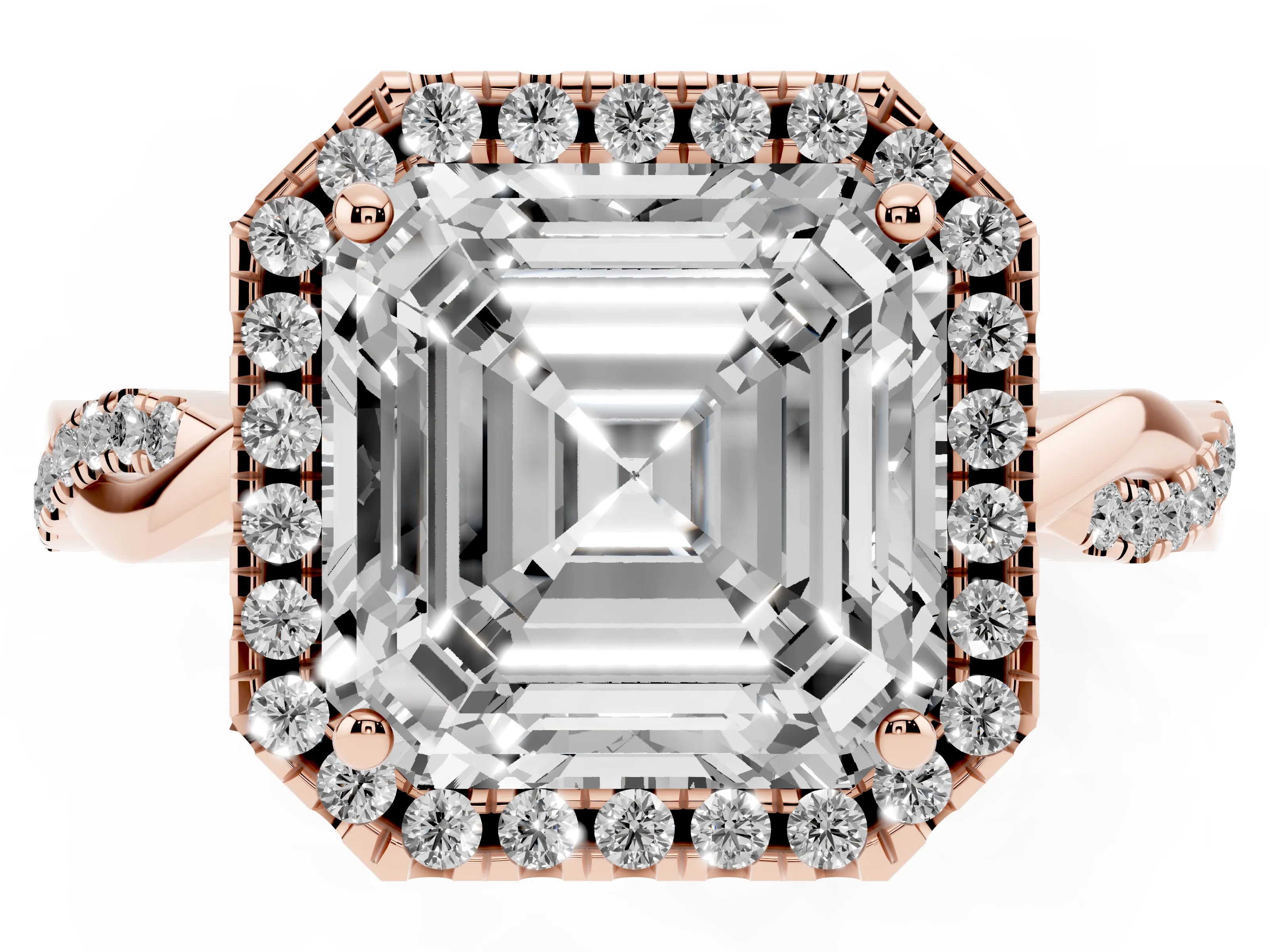 Asscher Cut Diamond Halo Twisted Band Ring Set in Rose gold with Prong Setting