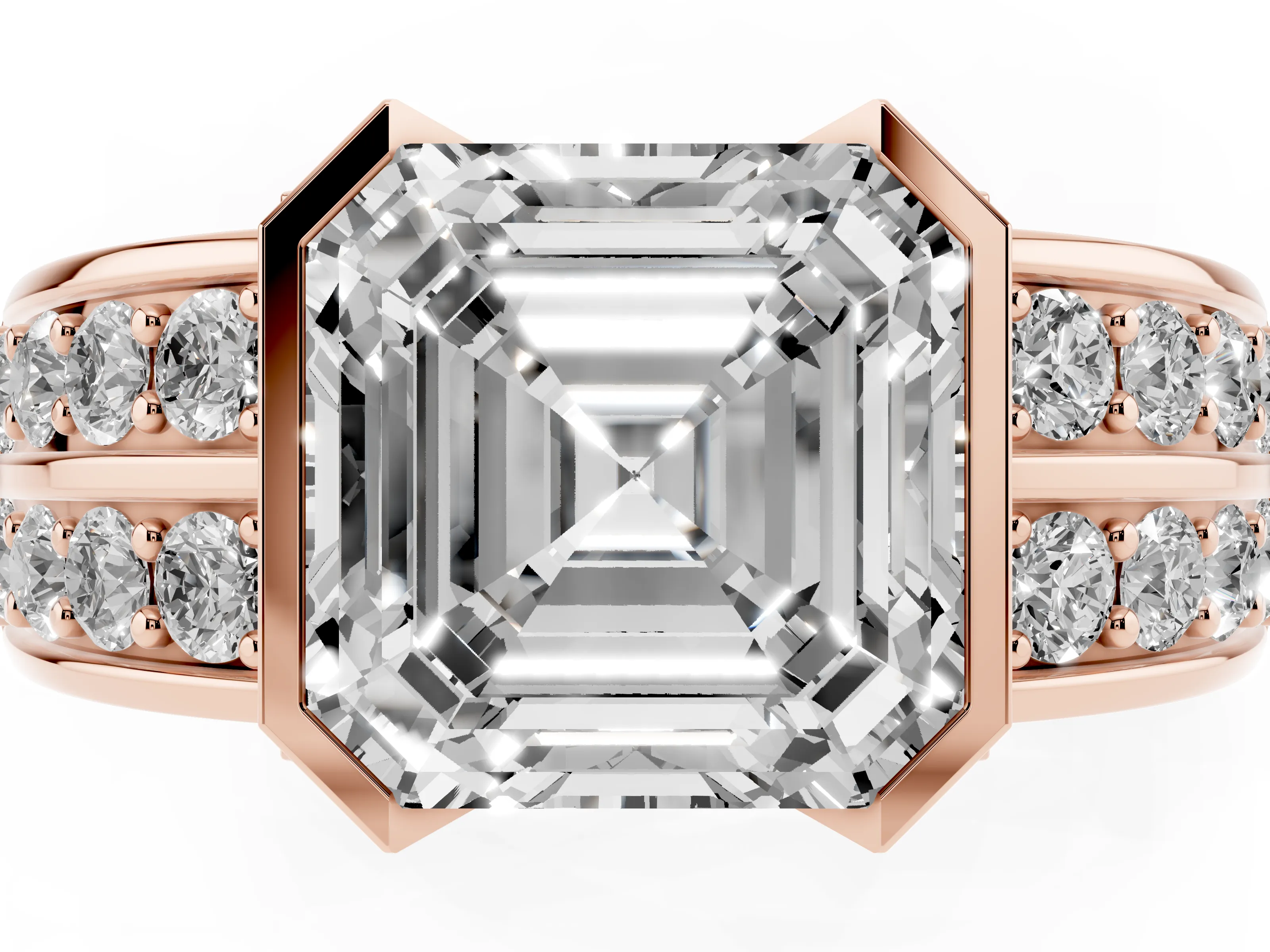 Asscher Cut Diamond Wide Channel Set Band Ring Set in Rose gold with Bezel Setting