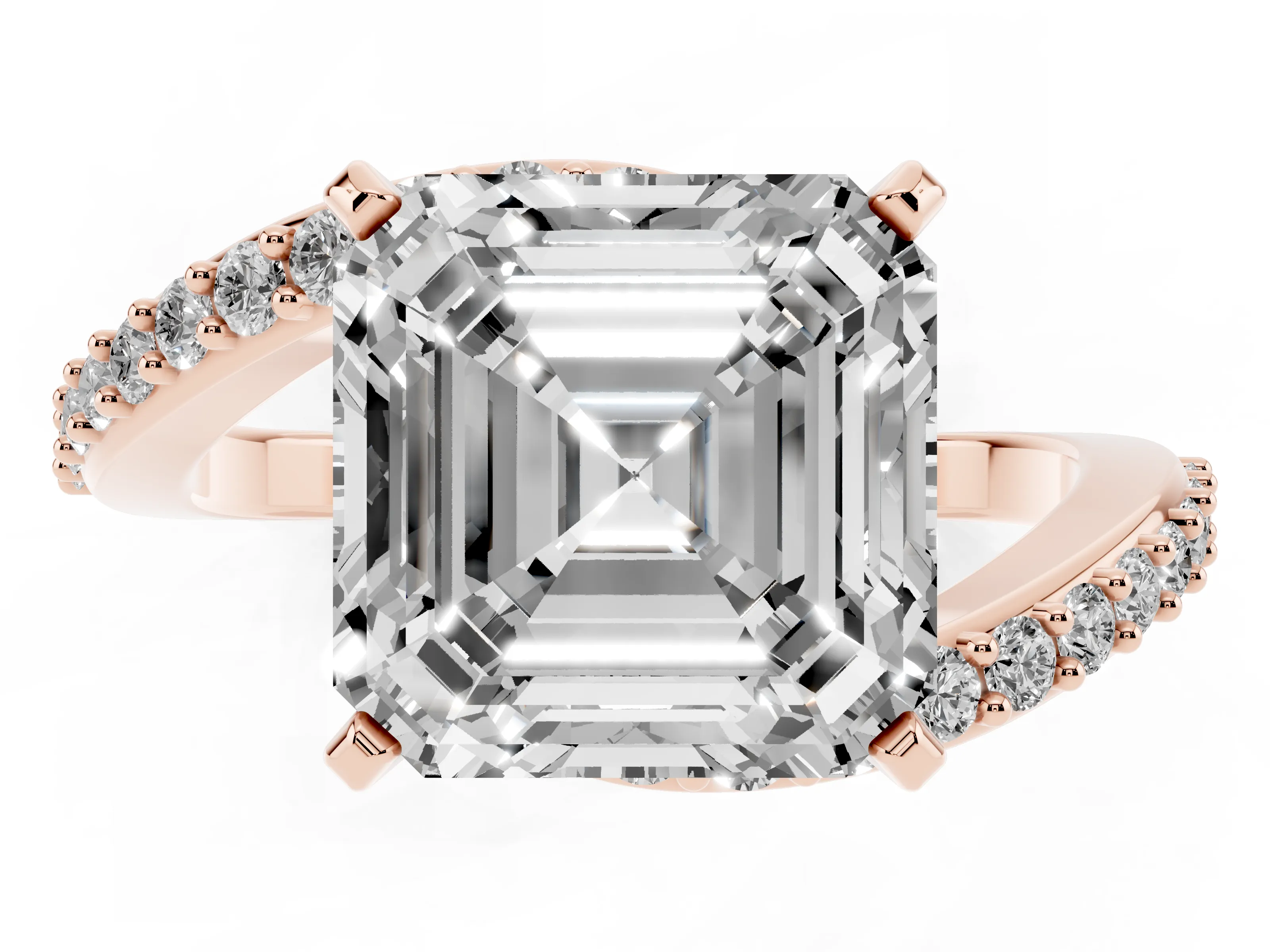 Asscher Cut Diamond Solitaire Ring Set in Rose gold with Pavé Twist Band and Prong Setting