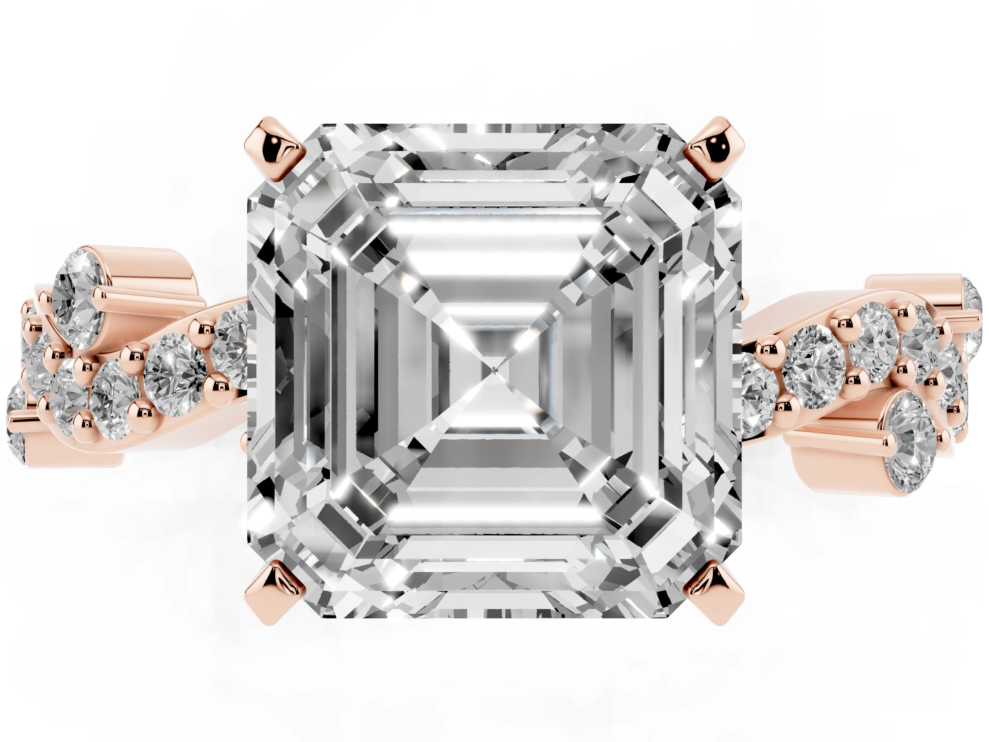 Asscher Cut Diamond Solitaire Twisted Band Set in Rose gold with Pavé Setting