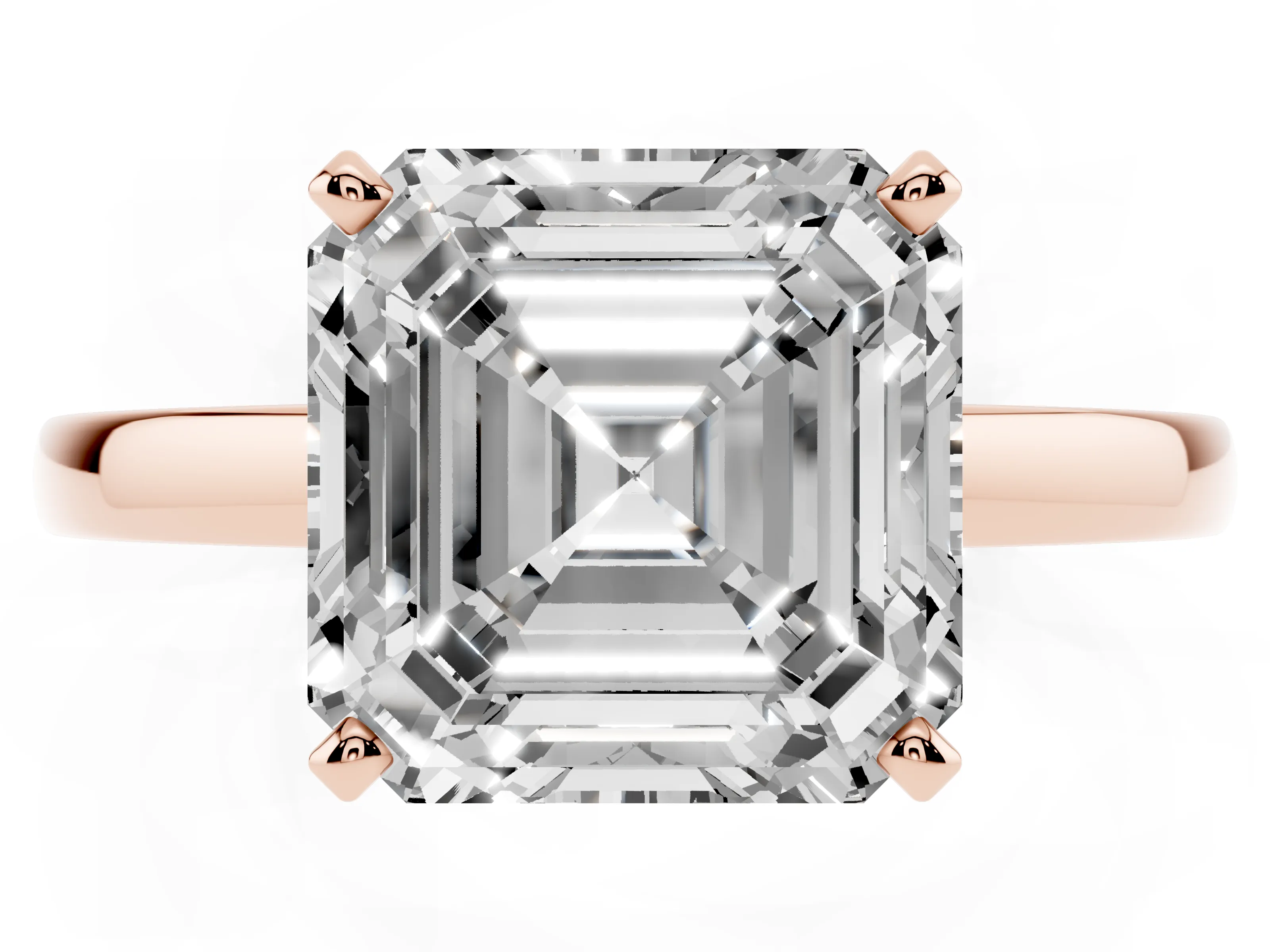 Asscher Cut Diamond Solitaire Engagement Ring Set in Rose gold with Prong Setting on a Classic Band
