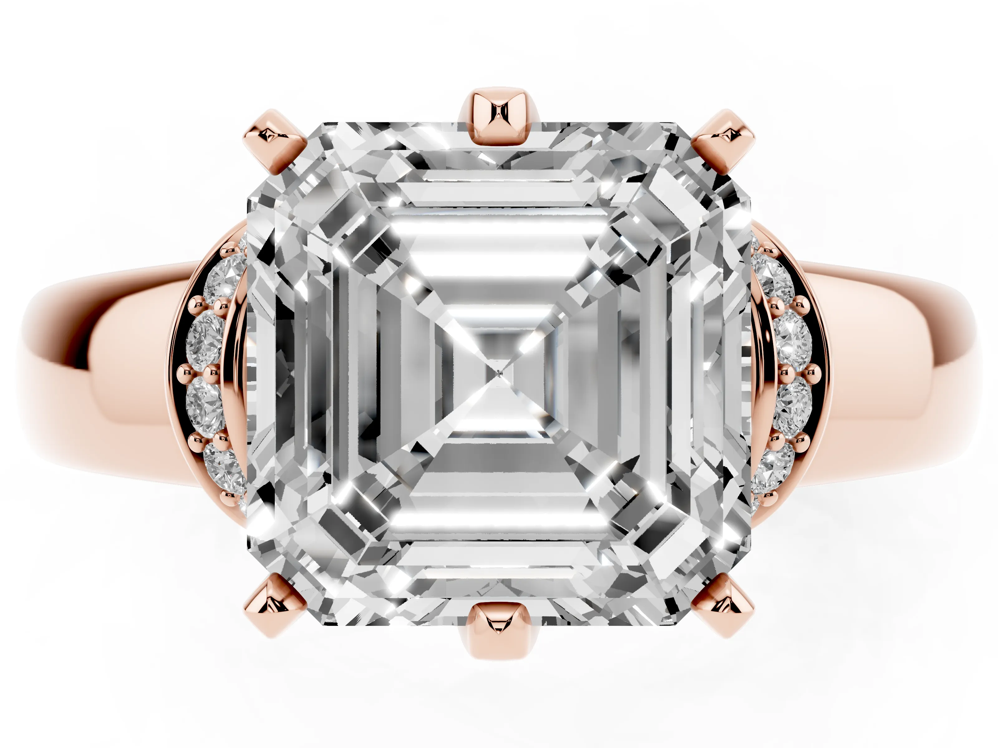 Asscher Cut Diamond Pavé Band Solitaire Ring Set in Rose gold with Prong Setting