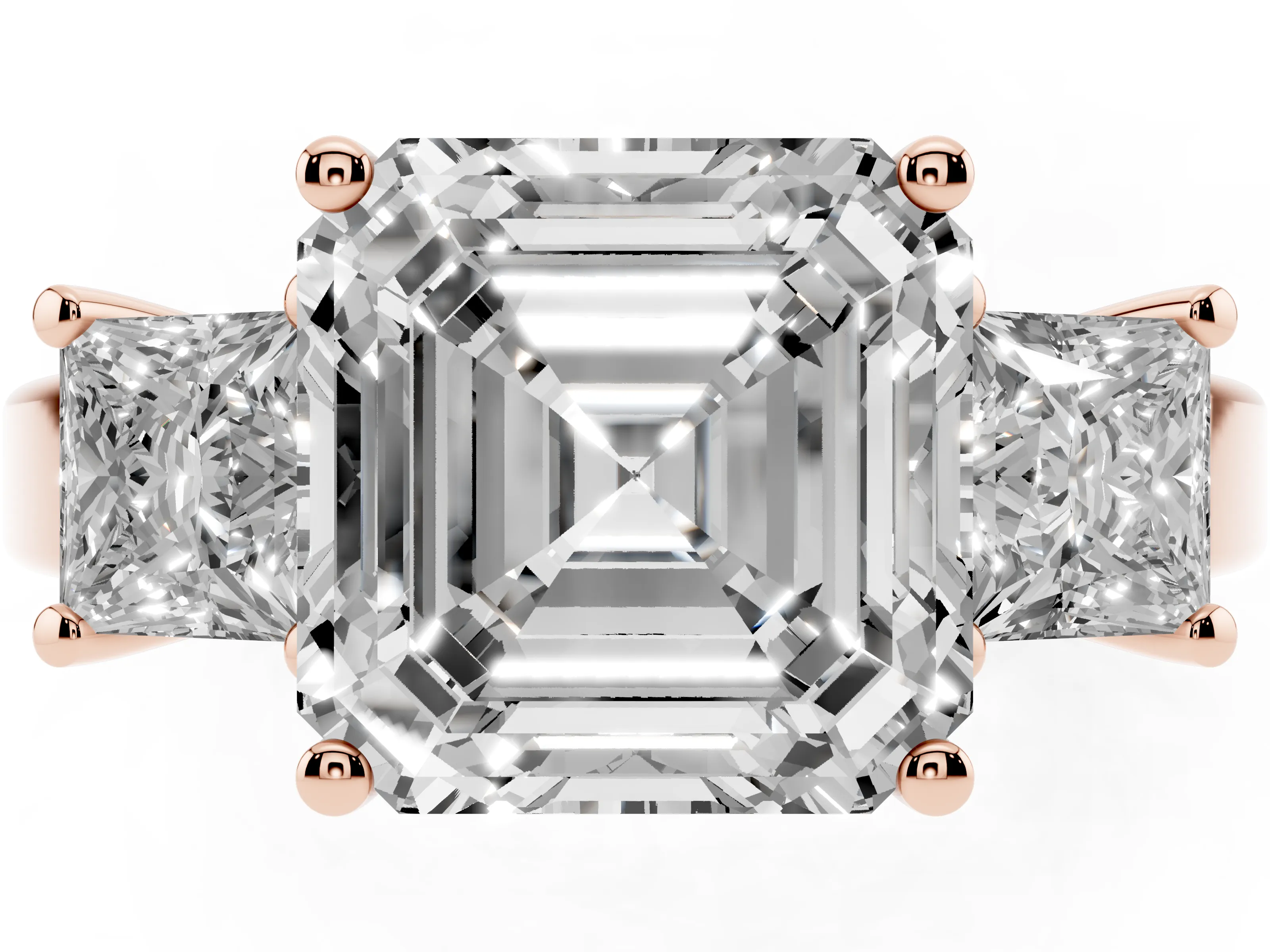 Three-Stone Asscher Cut Diamond Solitaire Ring Set in Rose gold with Prong Setting