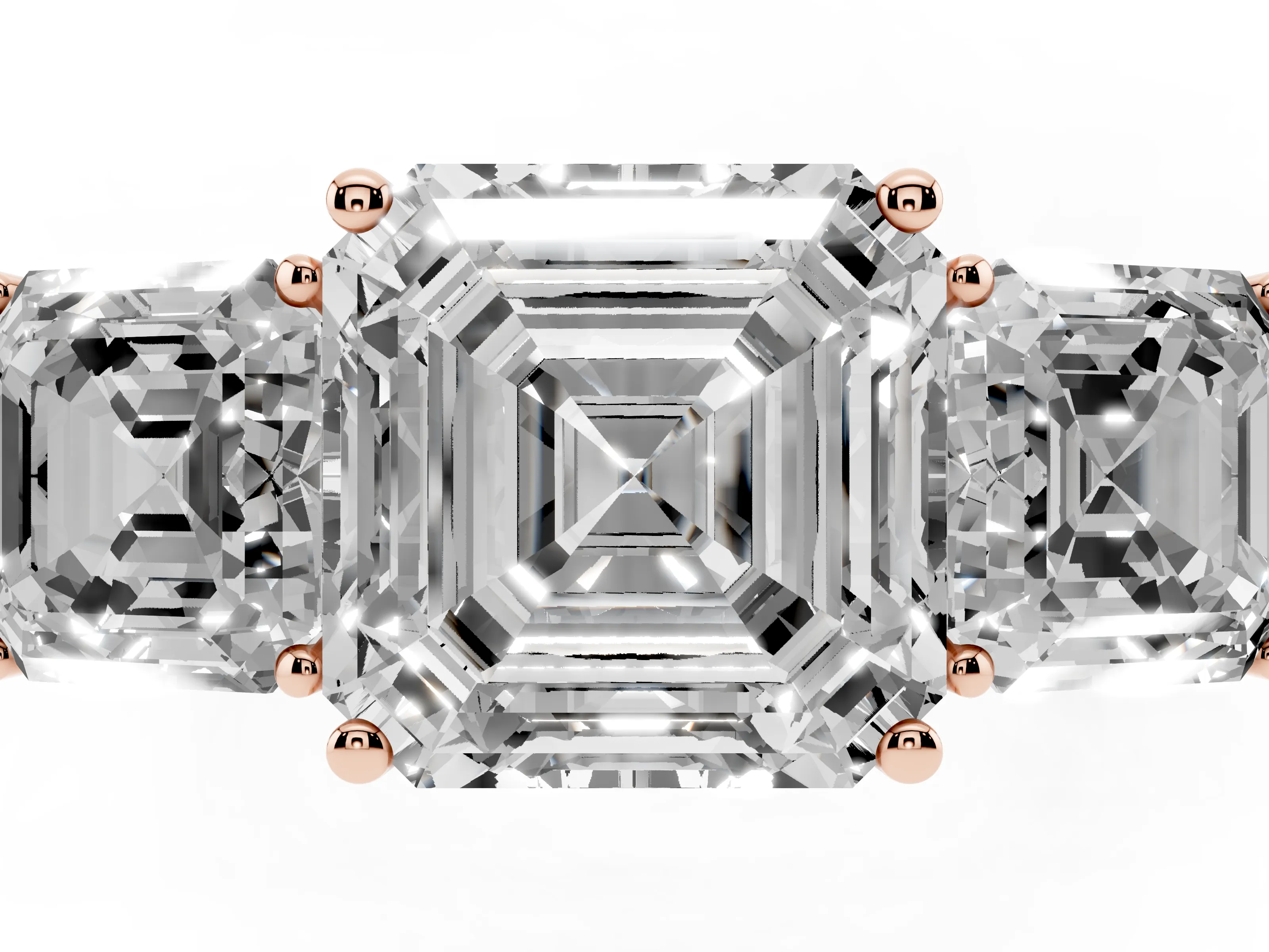 Asscher Cut Diamond Three-Stone Engagement Ring Set in Rose gold with Flat Band